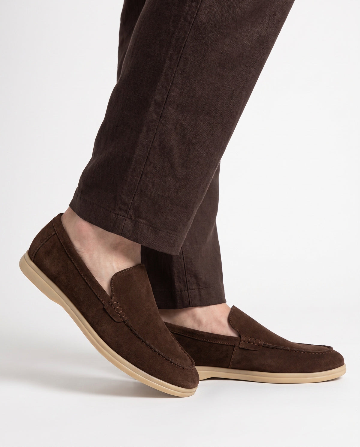 Terra Loafer — Cocoa, Beige Sole — on foot, close-up, worn with Textured Knit Polo — Light Grey and Linen Trouser, Button Waist — Dark Brown