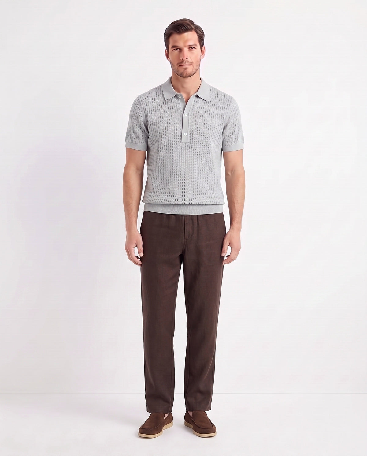 Terra Loafer — Cocoa, Beige Sole — full look on the model, worn with Textured Knit Polo — Light Grey and Linen Trouser, Button Waist — Dark Brown