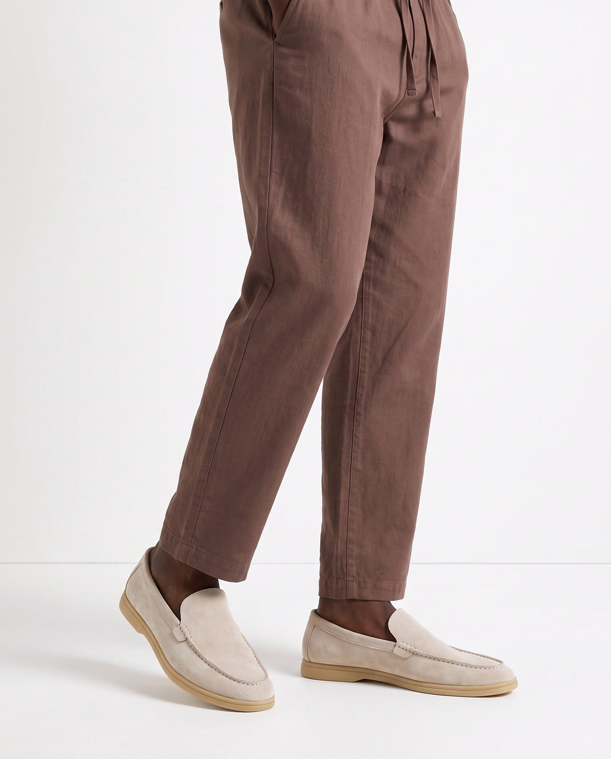 Terra Loafer — Cream, Beige Sole — on foot, close-up, worn with Contrast Collar Knit Polo — Grey and Linen Trouser, Drawstring — Brown