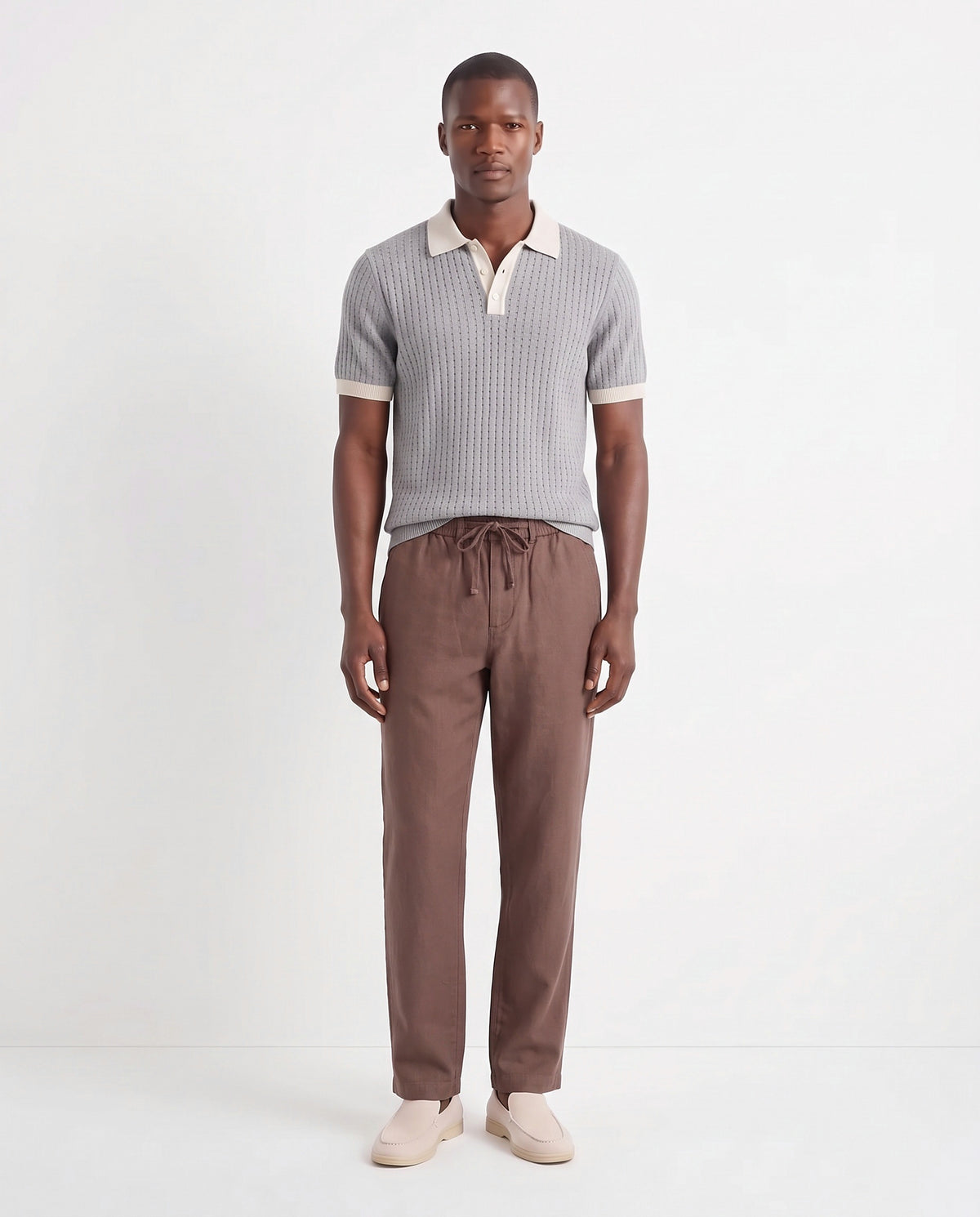 Terra Loafer — Cream, Beige Sole — full look on the model, worn with Contrast Collar Knit Polo — Grey and Linen Trouser, Drawstring — Brown
