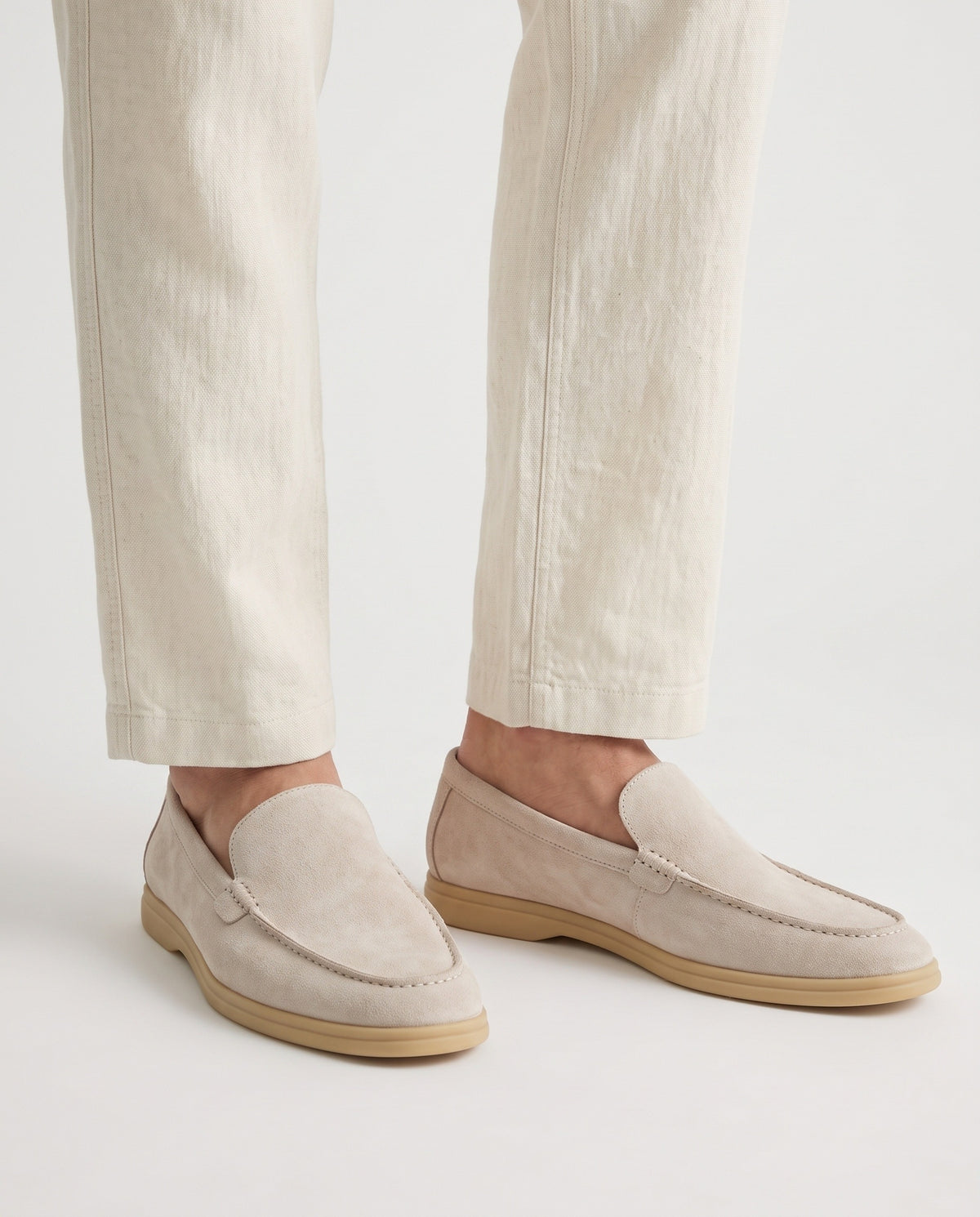 Terra Loafer — Cream, Beige Sole — on foot, close-up, worn with Contrast Collar Knit Polo — Black and Linen Trouser, Button Waist — Cream