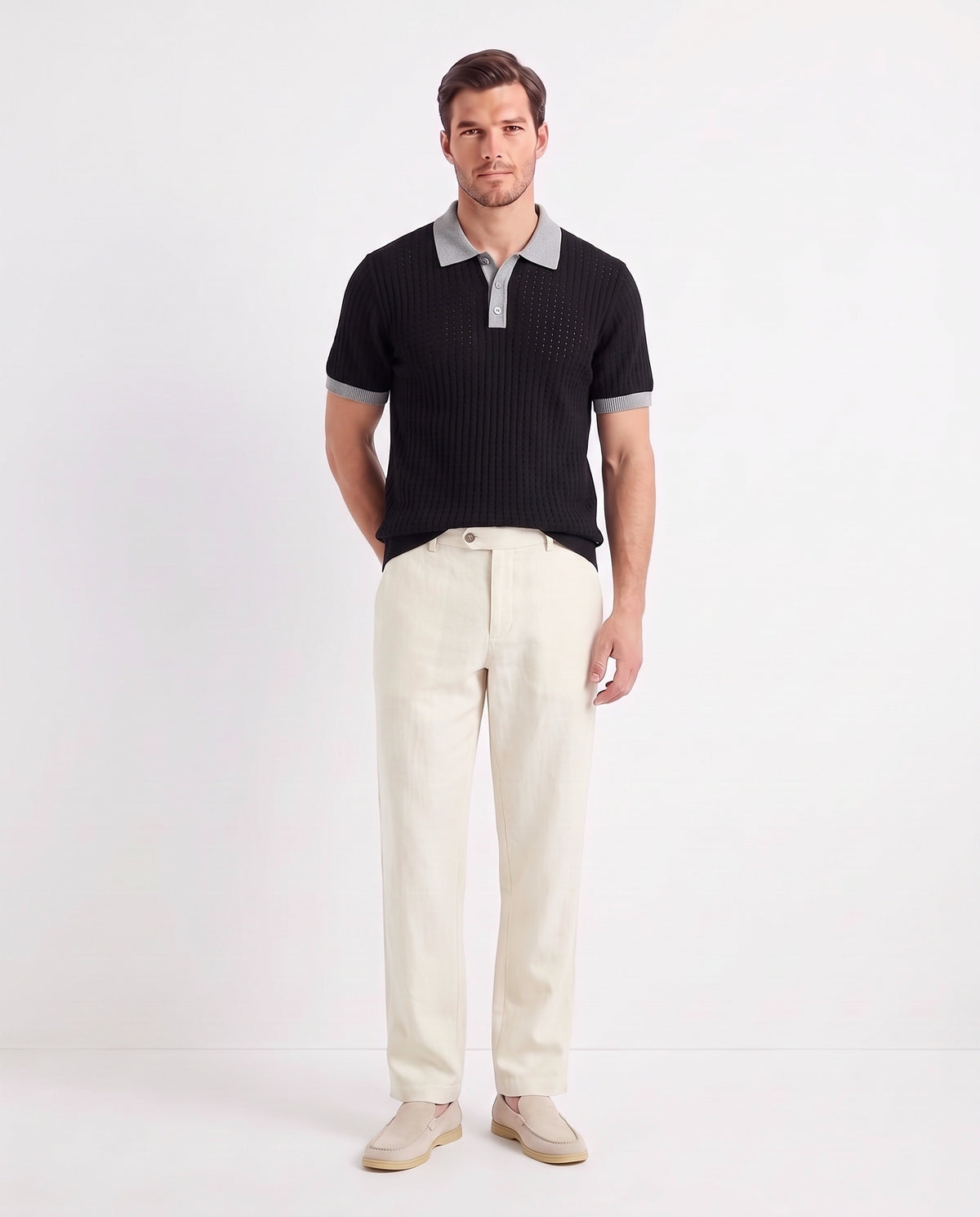 Terra Loafer — Cream, Beige Sole — full look on the model, worn with Contrast Collar Knit Polo — Black and Linen Trouser, Button Waist — Cream