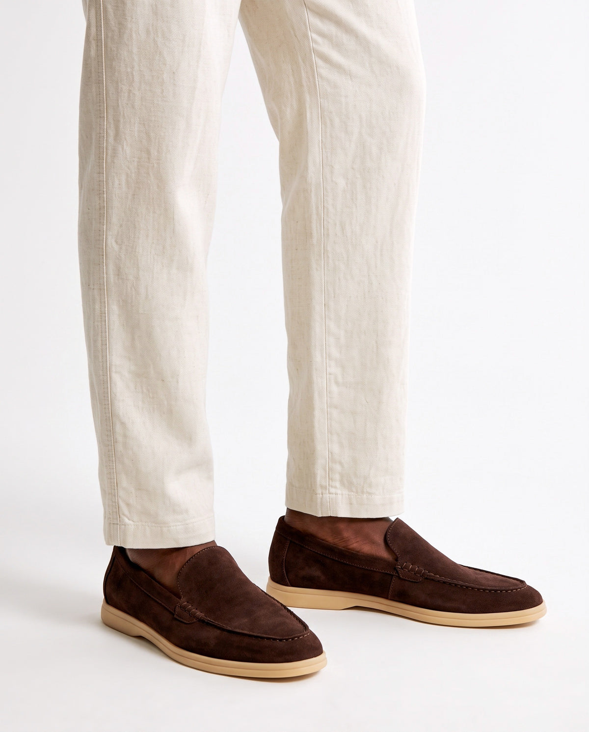 Terra Loafer — Dark Brown, Beige Sole — on foot, close-up, worn with Contrast Collar Knit Polo — Olive and Linen Trouser, Button Waist — Cream