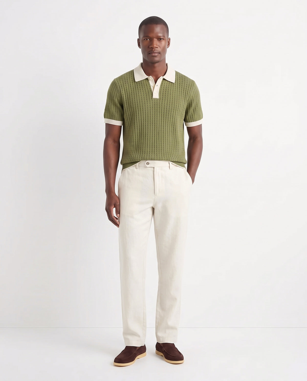 Terra Loafer — Dark Brown, Beige Sole — full look on the model, worn with Contrast Collar Knit Polo — Olive and Linen Trouser, Button Waist — Cream