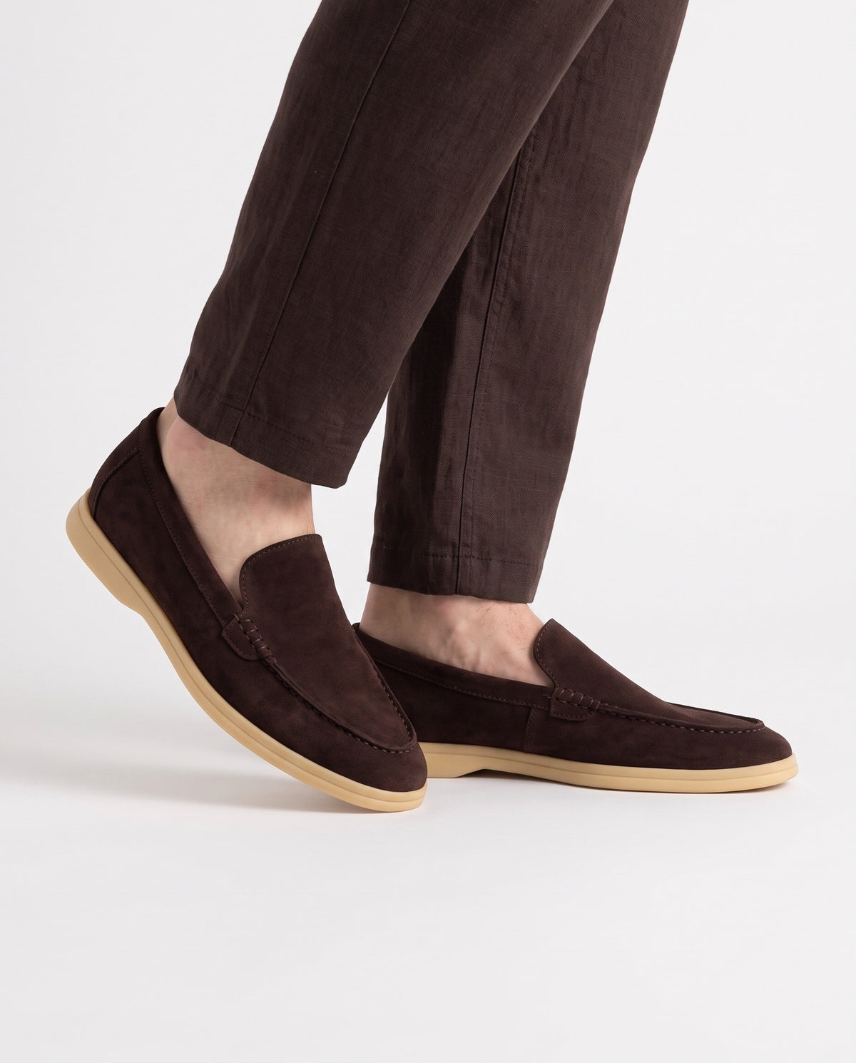 Terra Loafer — Dark Brown, Beige Sole — on foot, close-up, worn with Colour-Block Knit Polo — Brown / Cream and Linen Trouser, Button Waist — Dark Brown