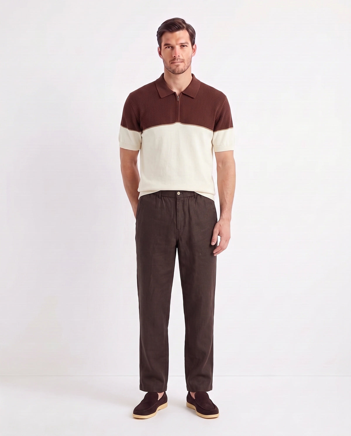Terra Loafer — Dark Brown, Beige Sole — full look on the model, worn with Colour-Block Knit Polo — Brown / Cream and Linen Trouser, Button Waist — Dark Brown