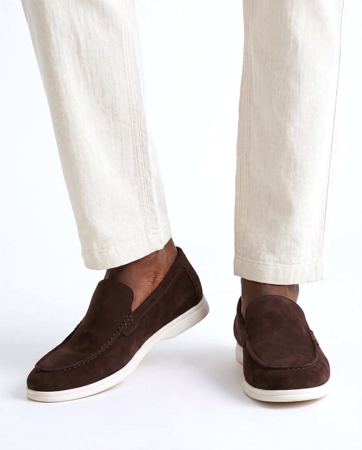 Terra Loafer — Dark Brown, White Sole — on foot, close-up, worn with Tipped Knit Polo — Burgundy and Linen Trouser, Button Waist — Cream