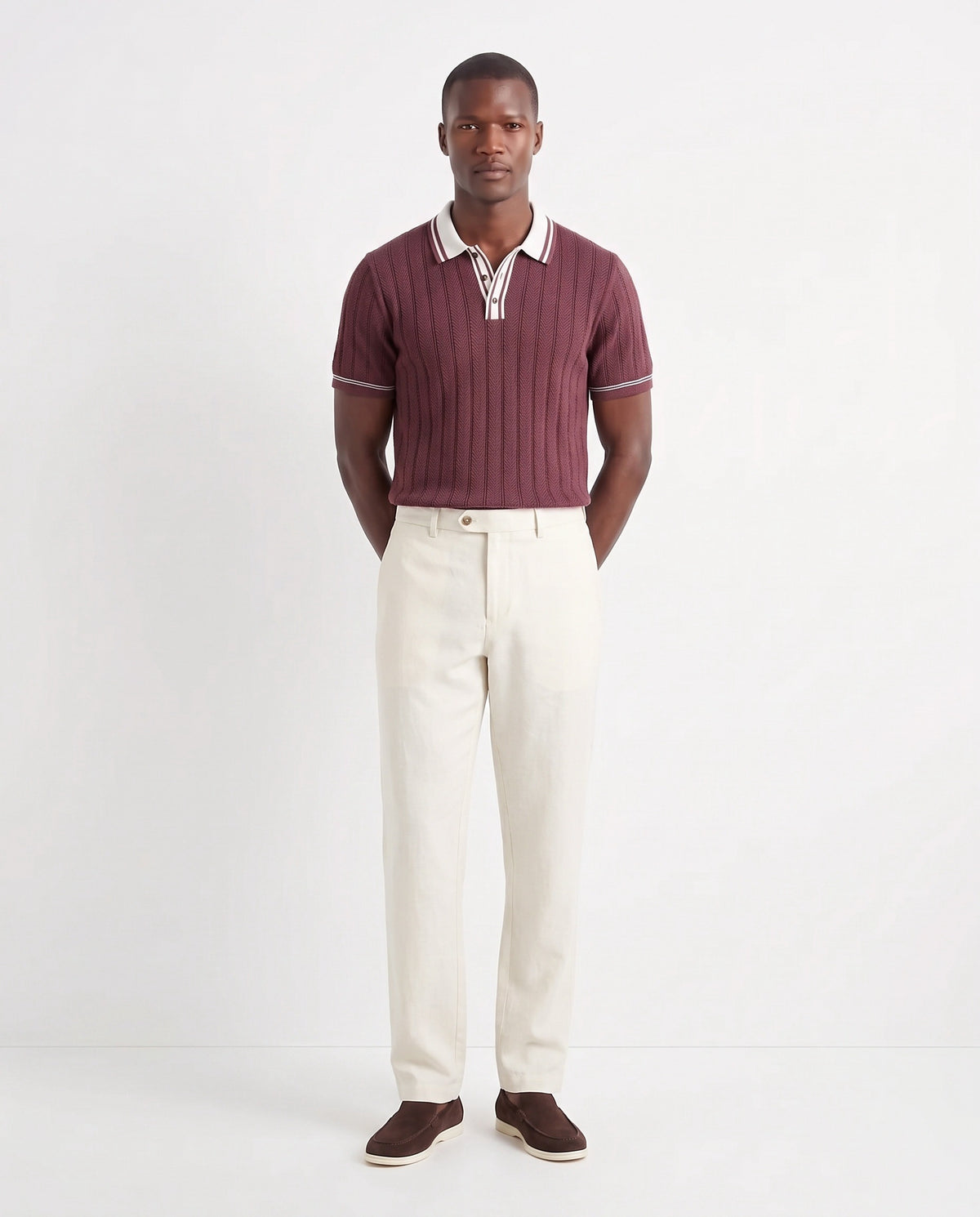 Terra Loafer — Dark Brown, White Sole — full look on the model, worn with Tipped Knit Polo — Burgundy and Linen Trouser, Button Waist — Cream
