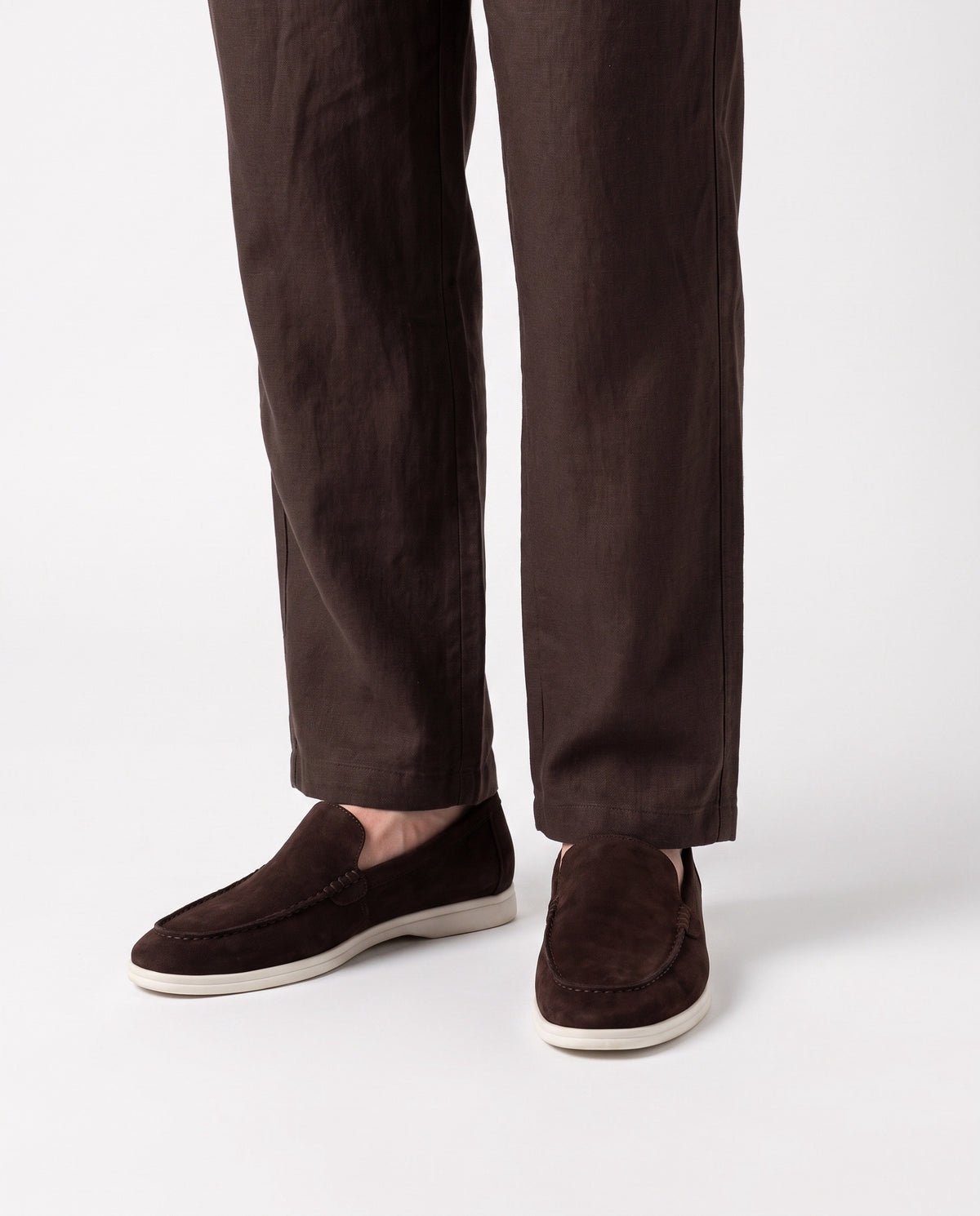 Terra Loafer — Dark Brown, White Sole — on foot, close-up, worn with Colour-Block Knit Polo — Brown / Cream and Linen Trouser, Button Waist — Dark Brown