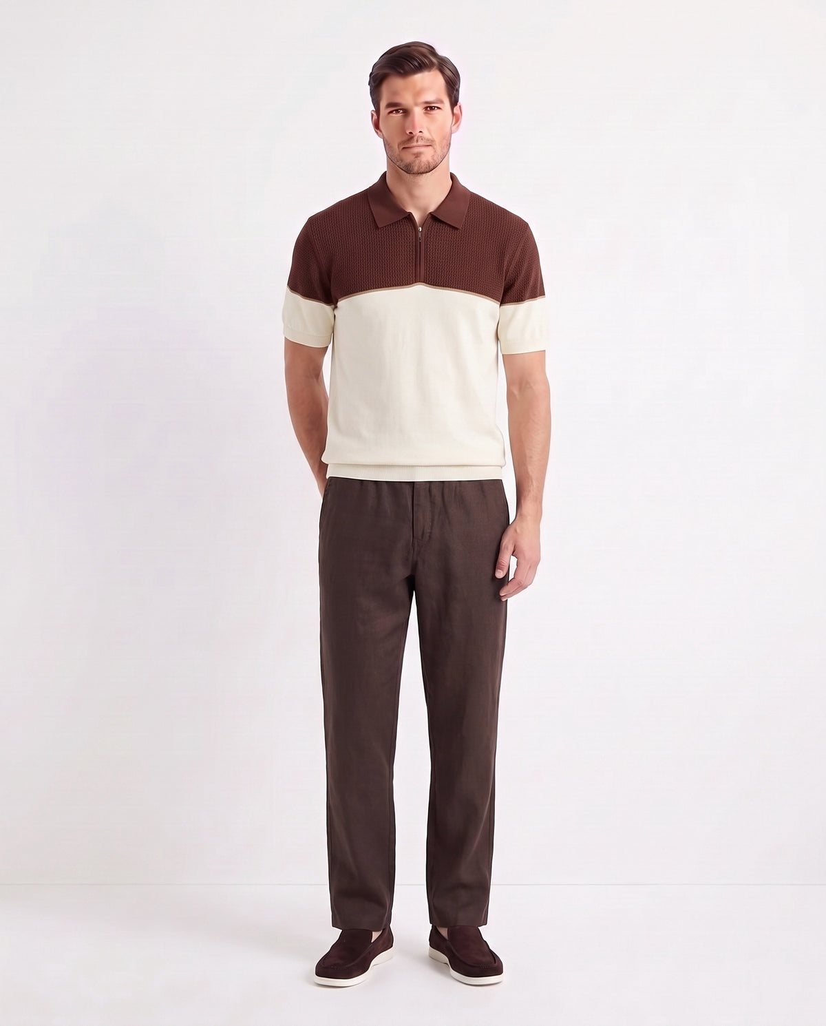 Terra Loafer — Dark Brown, White Sole — full look on the model, worn with Colour-Block Knit Polo — Brown / Cream and Linen Trouser, Button Waist — Dark Brown