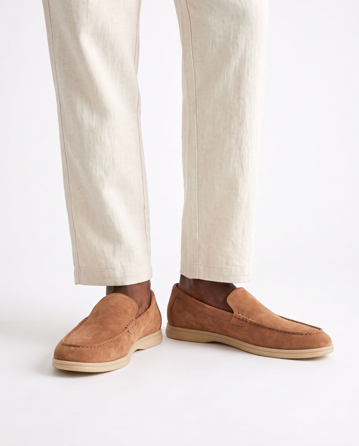 Terra Loafer — Light Brown, Beige Sole — on foot, close-up, worn with Textured Knit Polo — Dark Olive and Linen Trouser, Button Waist — Cream