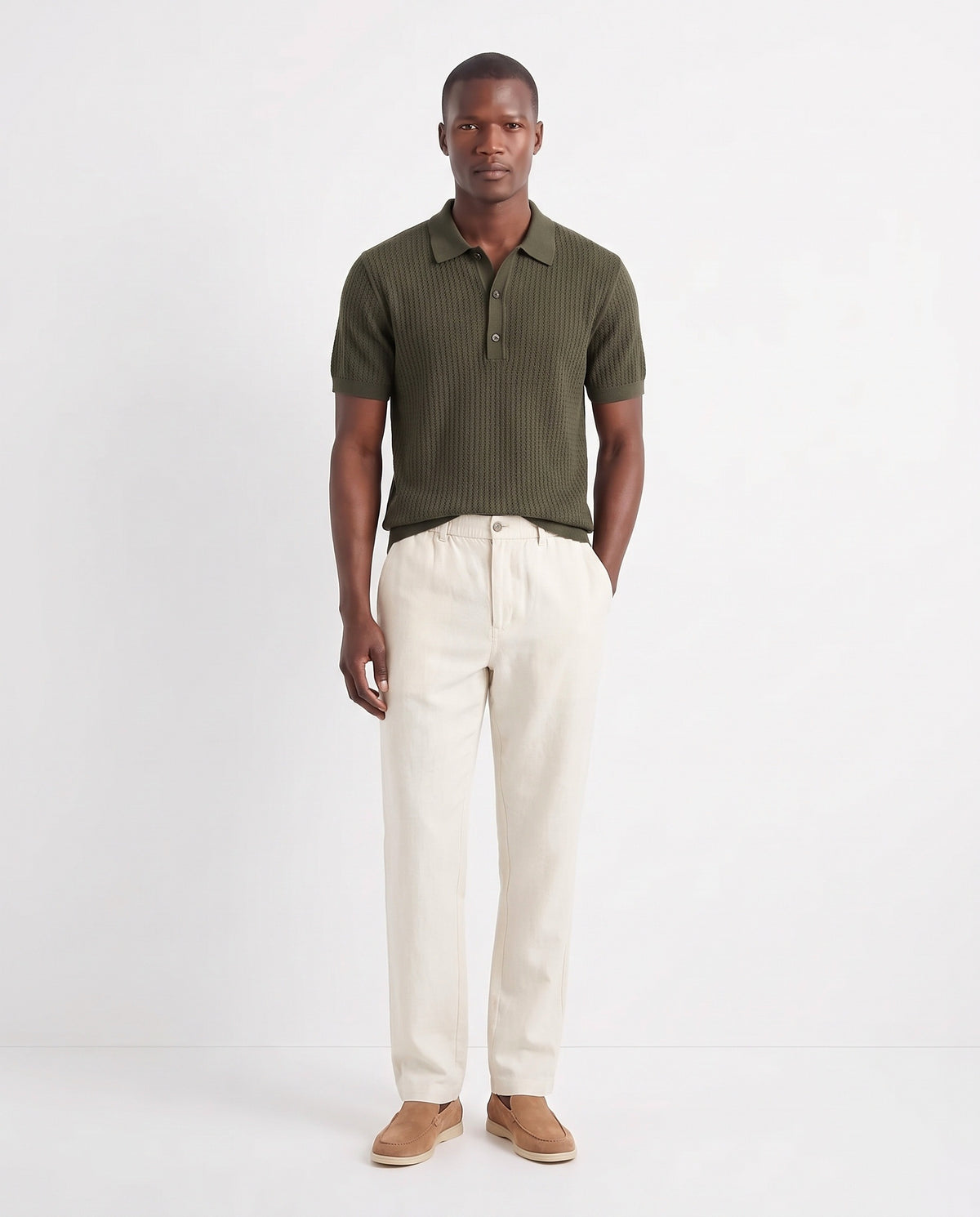 Terra Loafer — Light Brown, Beige Sole — full look on the model, worn with Textured Knit Polo — Dark Olive and Linen Trouser, Button Waist — Cream