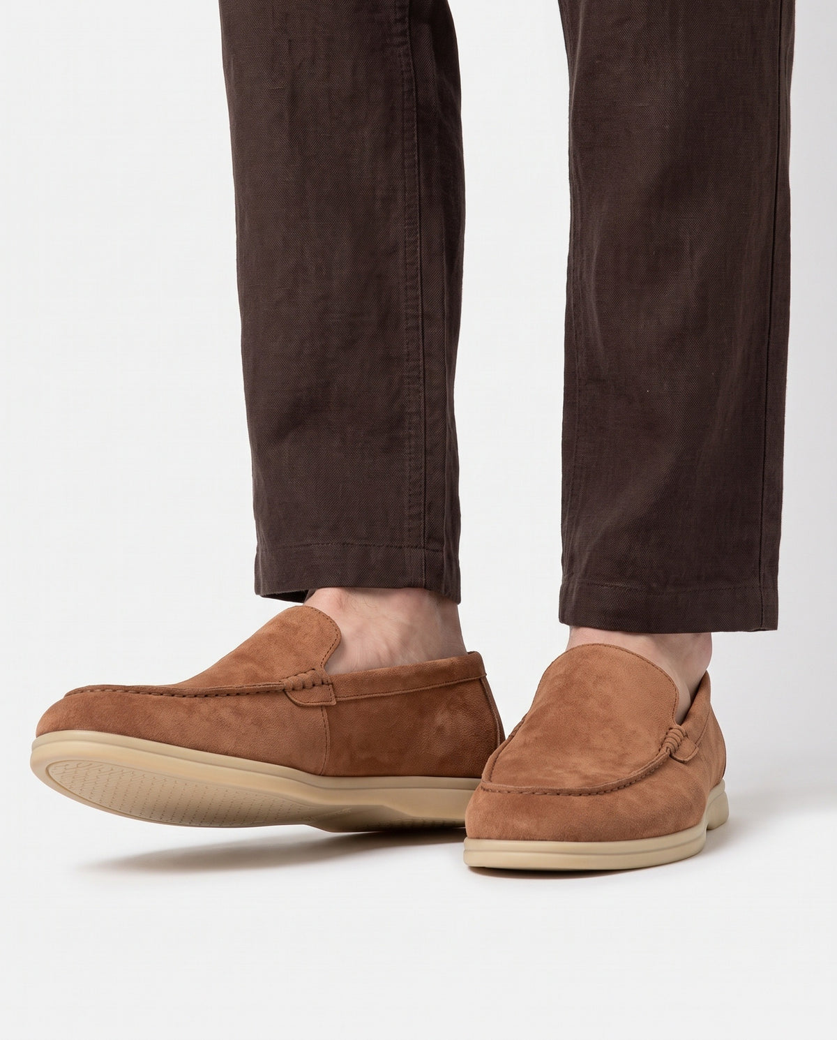 Terra Loafer — Light Brown, Beige Sole — on foot, close-up, worn with Contrast Collar Knit Polo — Grey and Linen Trouser, Button Waist — Dark Brown