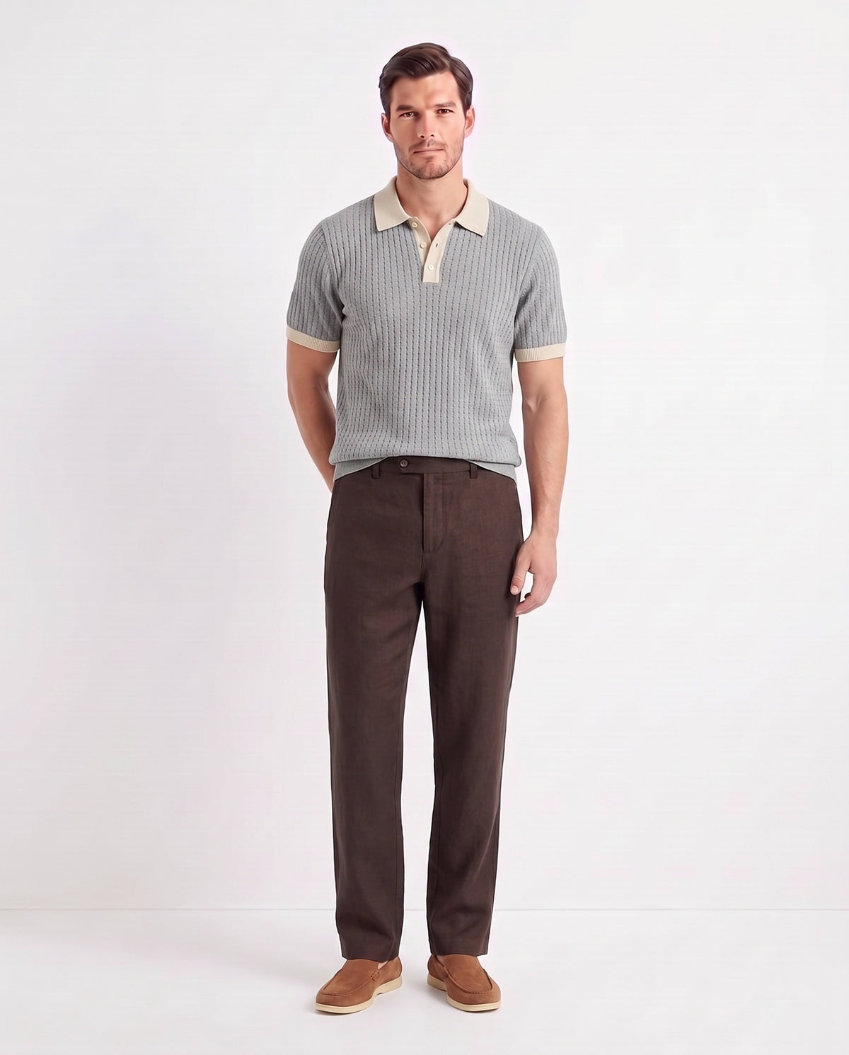 Terra Loafer — Light Brown, Beige Sole — full look on the model, worn with Contrast Collar Knit Polo — Grey and Linen Trouser, Button Waist — Dark Brown