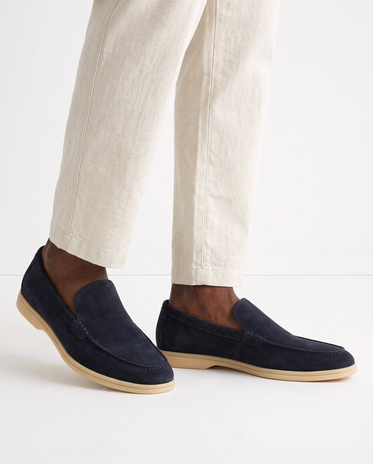 Terra Loafer — Navy Suede, Beige Sole — on foot, close-up, worn with Tipped Knit Polo — Burgundy and Linen Trouser, Button Waist — Cream