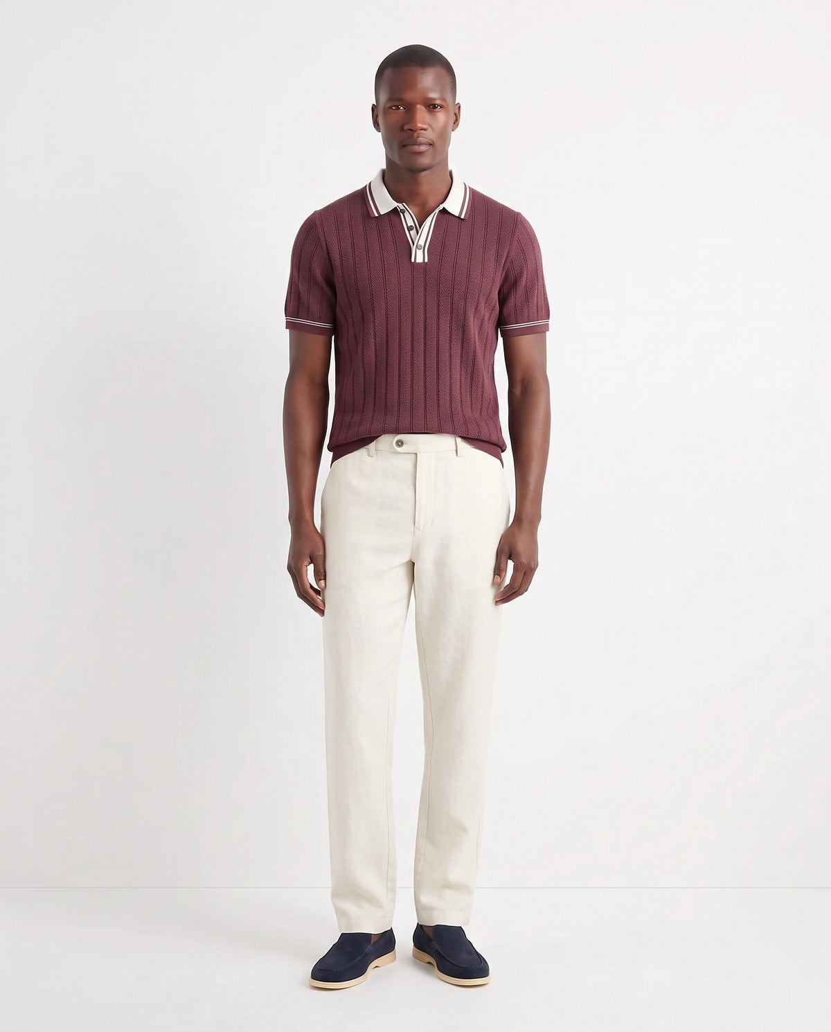 Terra Loafer — Navy Suede, Beige Sole — full look on the model, worn with Tipped Knit Polo — Burgundy and Linen Trouser, Button Waist — Cream