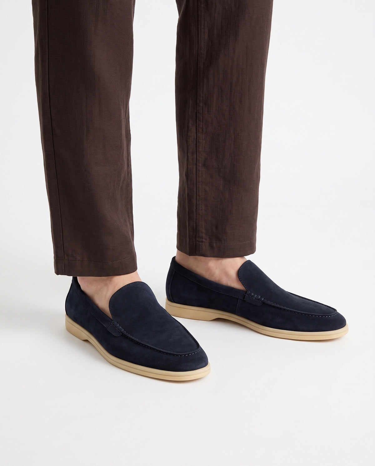Terra Loafer — Navy Suede, Beige Sole — on foot, close-up, worn with Contrast Collar Knit Polo — Grey and Linen Trouser, Button Waist — Dark Brown