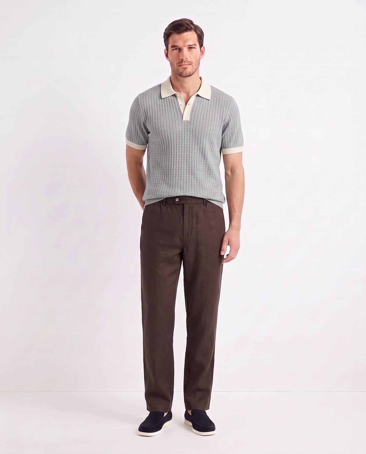 Terra Loafer — Navy Suede, Beige Sole — full look on the model, worn with Contrast Collar Knit Polo — Grey and Linen Trouser, Button Waist — Dark Brown