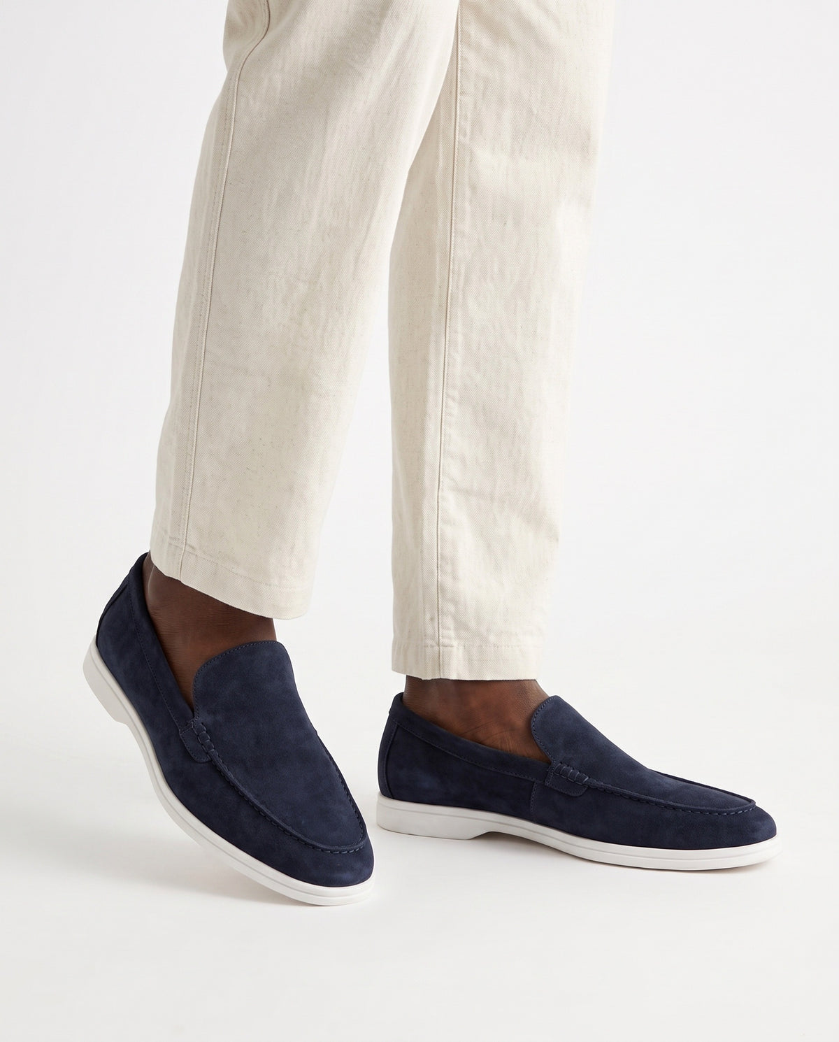 Terra Loafer — Navy Suede, White Sole — on foot, close-up, worn with Textured Knit Polo — Black and Linen Trouser, Button Waist — Cream