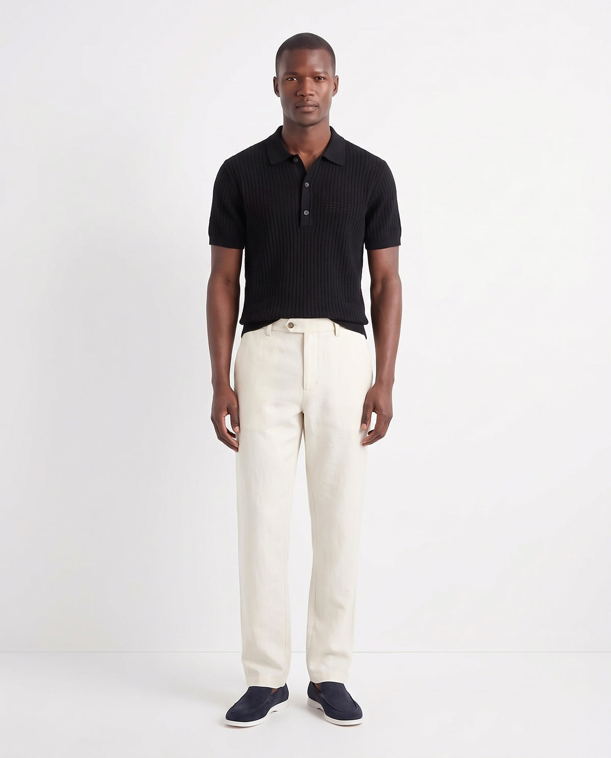 Terra Loafer — Navy Suede, White Sole — full look on the model, worn with Textured Knit Polo — Black and Linen Trouser, Button Waist — Cream