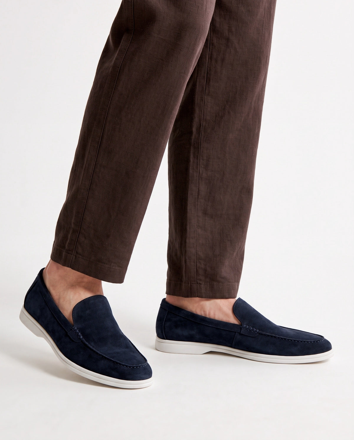 Terra Loafer — Navy Suede, White Sole — on foot, close-up, worn with Textured Knit Polo — Light Grey and Linen Trouser, Button Waist — Dark Brown