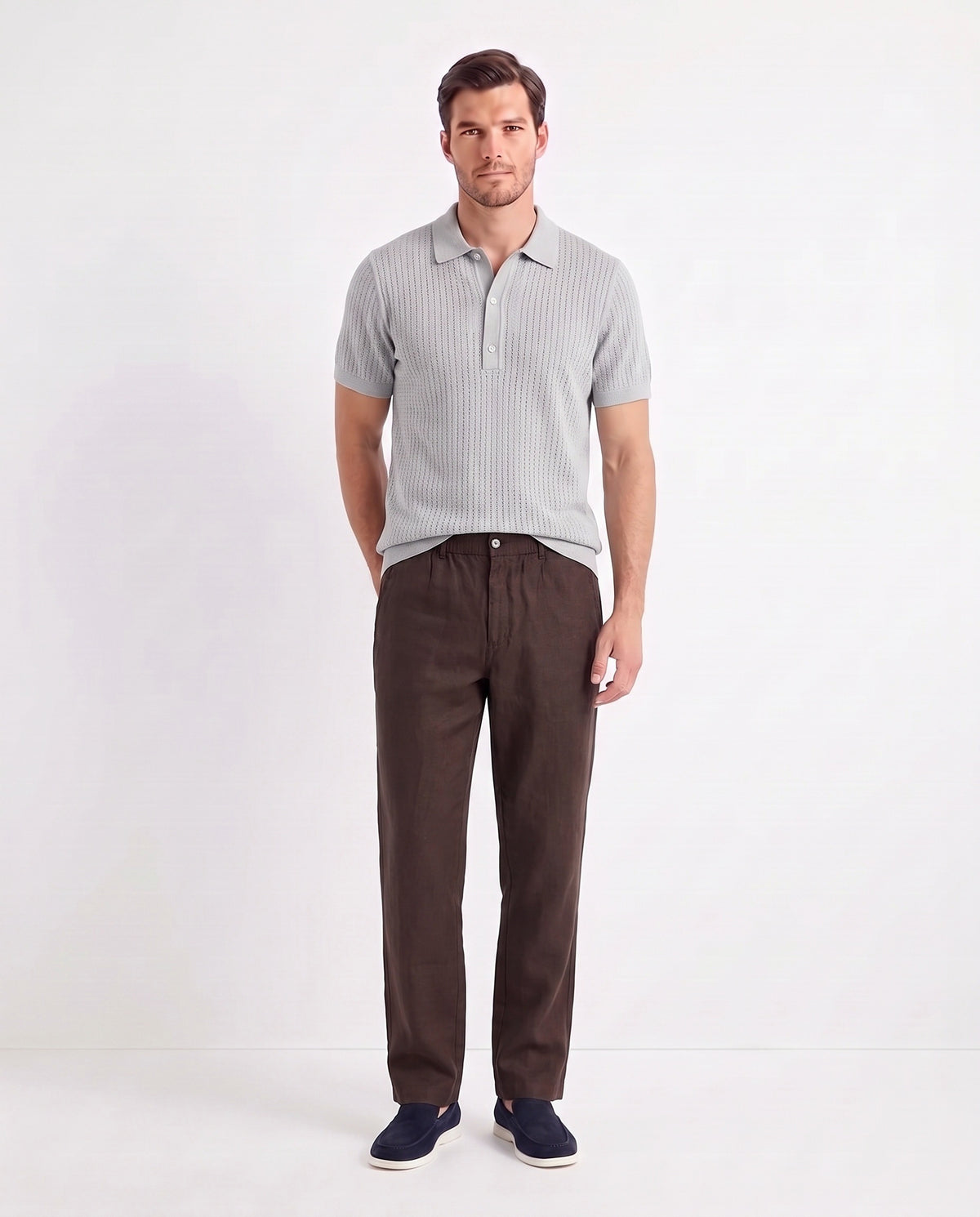 Terra Loafer — Navy Suede, White Sole — full look on the model, worn with Textured Knit Polo — Light Grey and Linen Trouser, Button Waist — Dark Brown