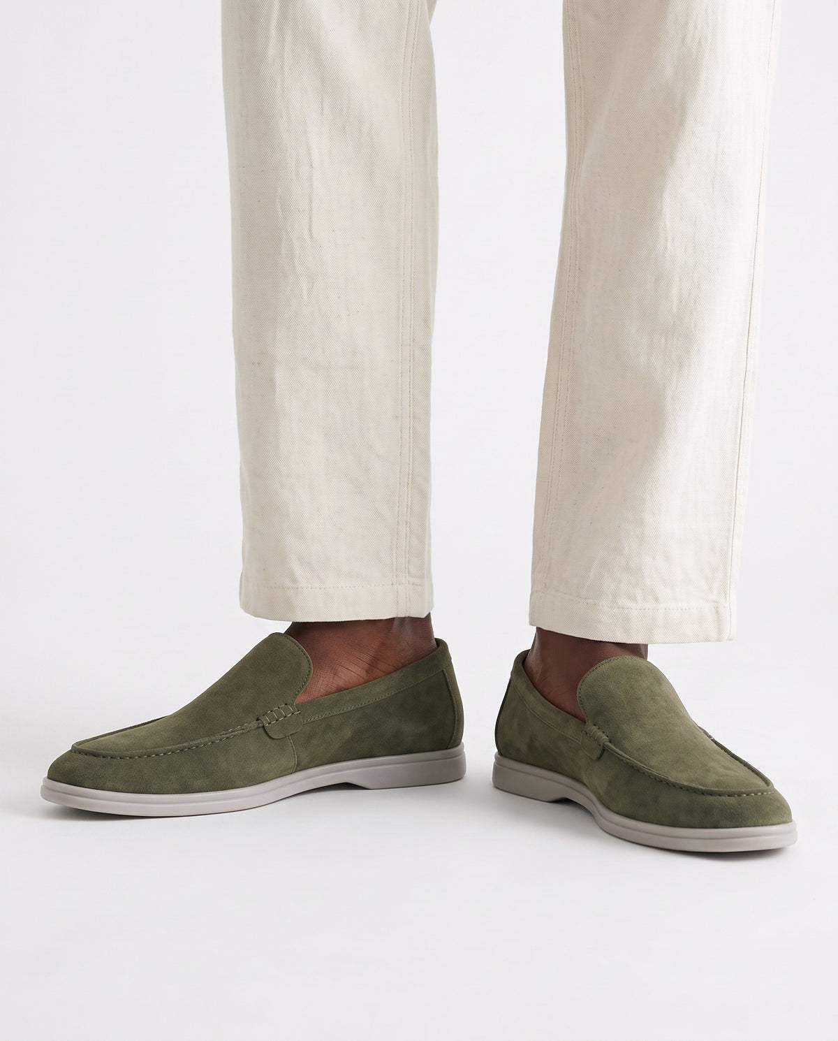 Terra Loafer — Olive Suede, Light Gray Sole — on foot, close-up, worn with Tipped Knit Polo — Charcoal and Linen Trouser, Button Waist — Cream