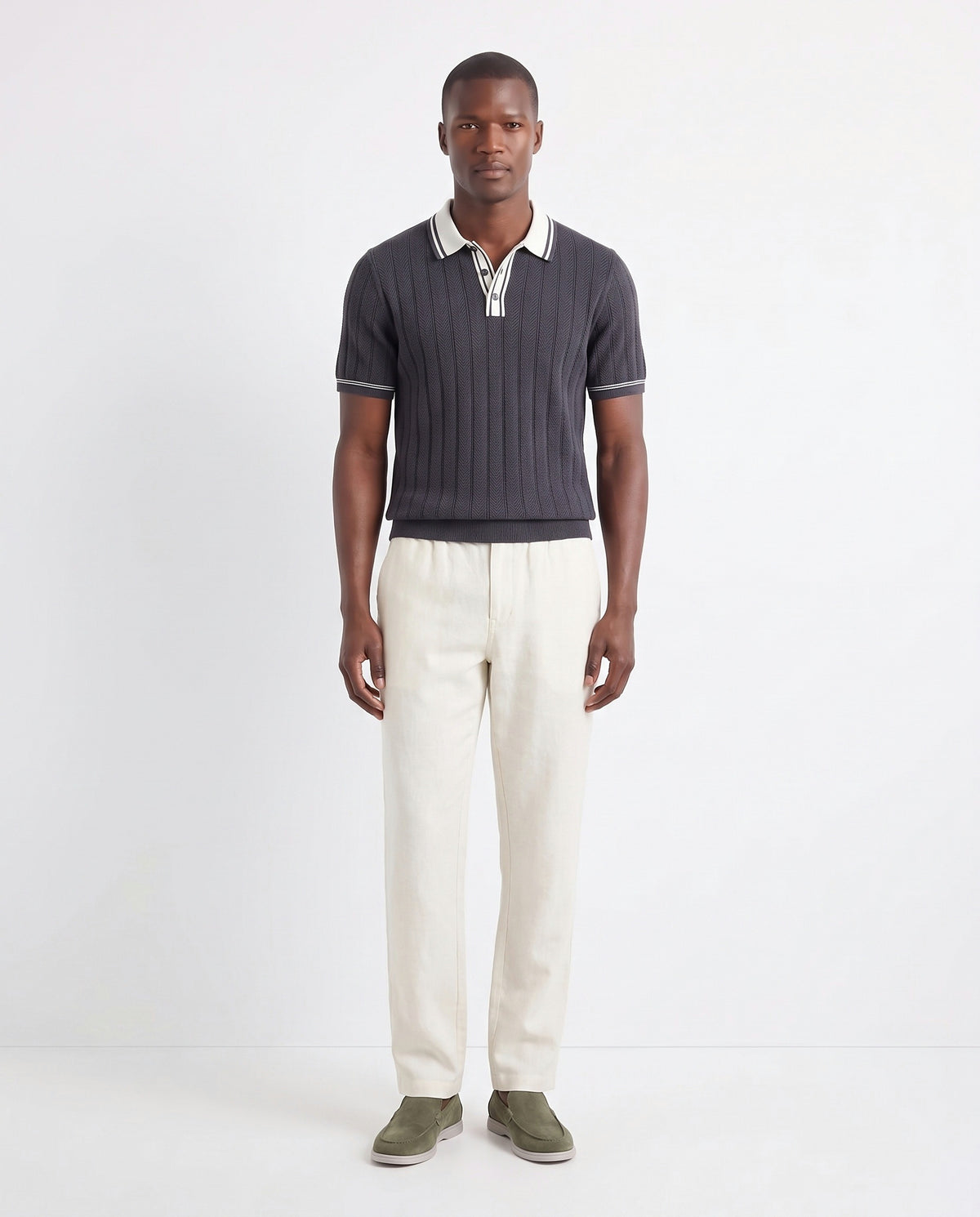 Terra Loafer — Olive Suede, Light Gray Sole — full look on the model, worn with Tipped Knit Polo — Charcoal and Linen Trouser, Button Waist — Cream