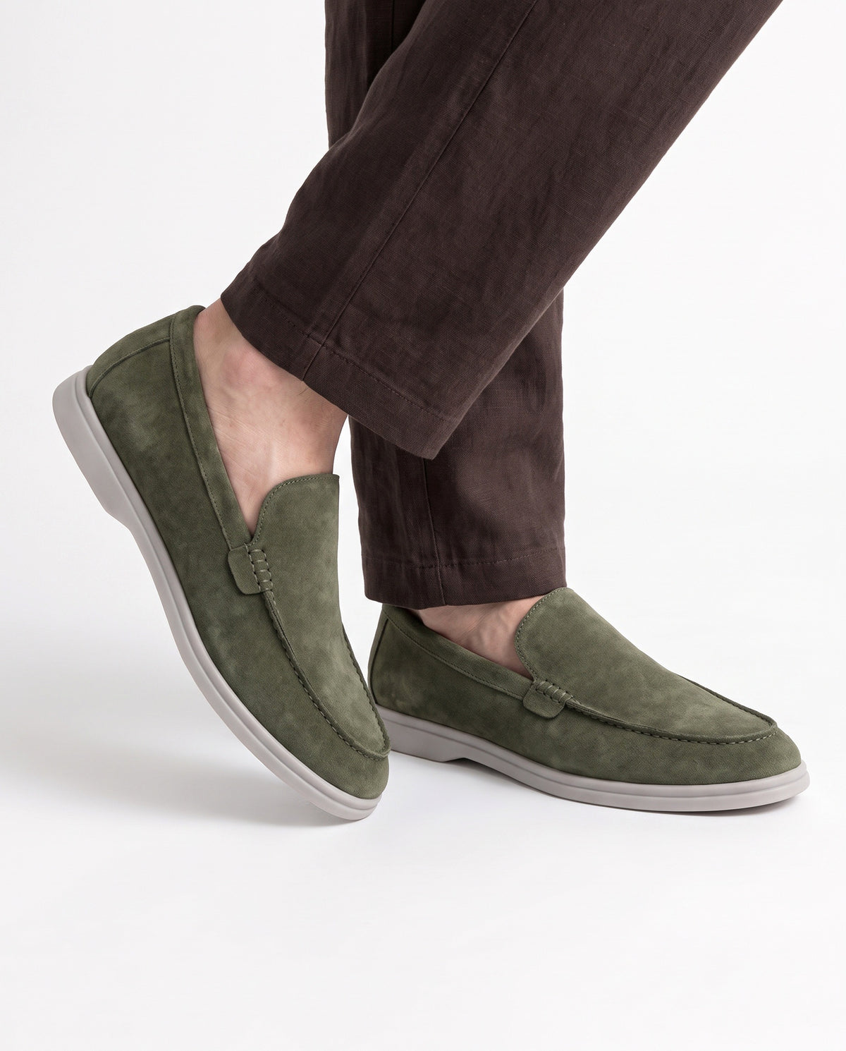 Terra Loafer — Olive Suede, Light Gray Sole — on foot, close-up, worn with Textured Knit Polo — Light Grey and Linen Trouser, Button Waist — Dark Brown