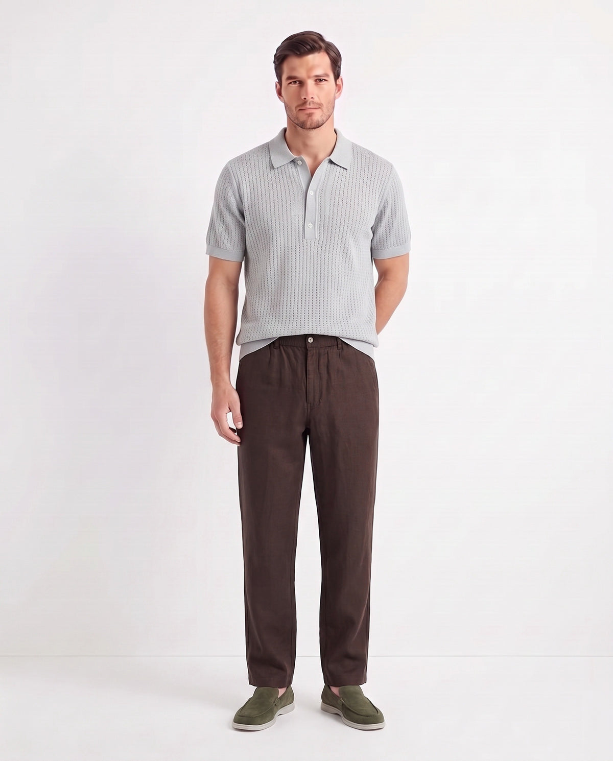 Terra Loafer — Olive Suede, Light Gray Sole — full look on the model, worn with Textured Knit Polo — Light Grey and Linen Trouser, Button Waist — Dark Brown