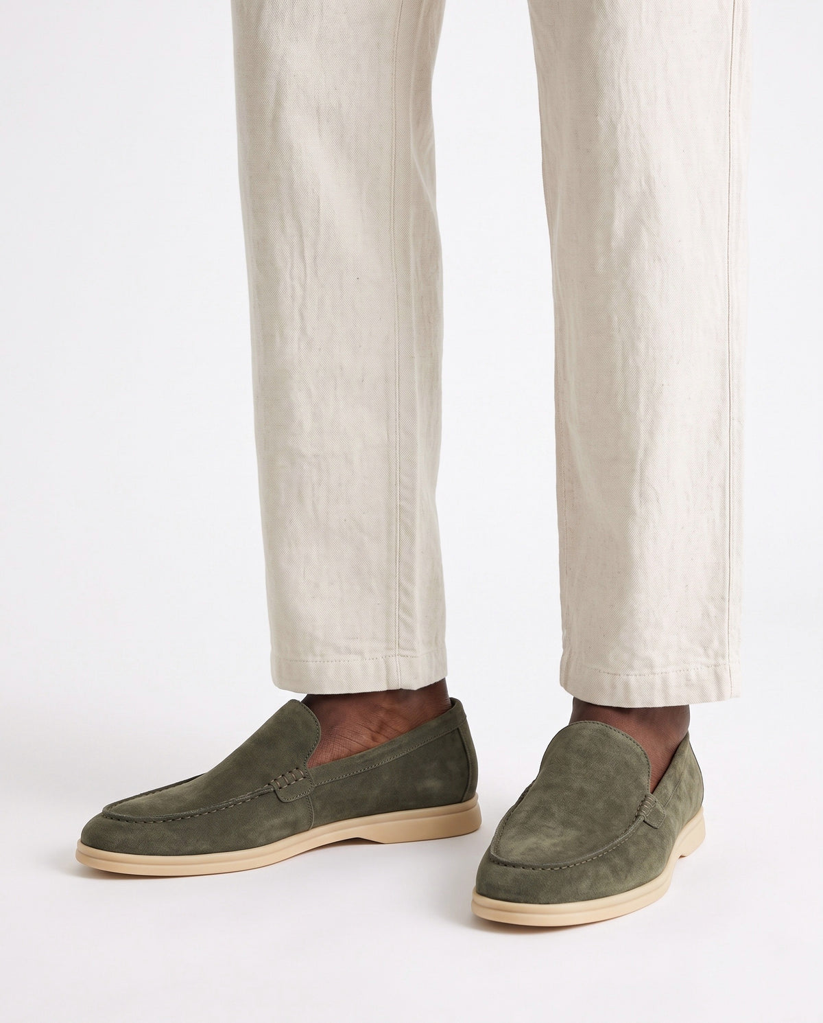 Terra Loafer — Olive Suede, Beige Sole — on foot, close-up, worn with Textured Knit Polo — Dark Olive and Linen Trouser, Button Waist — Cream