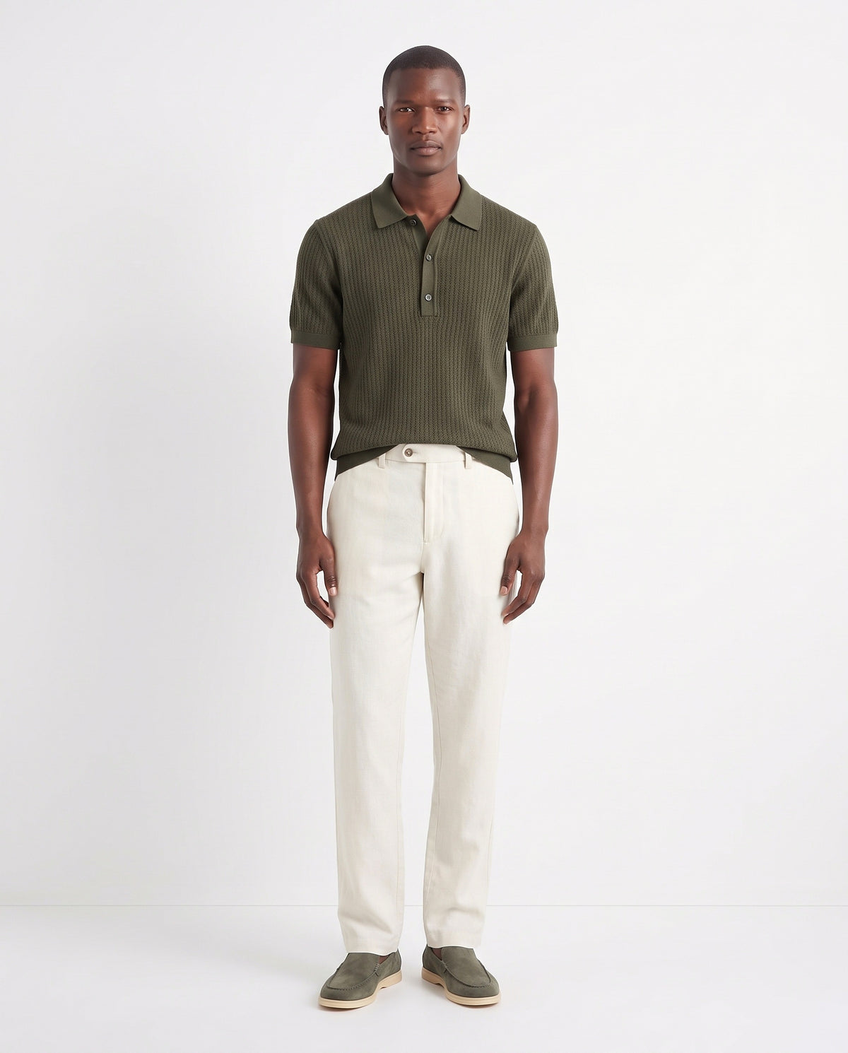 Terra Loafer — Olive Suede, Beige Sole — full look on the model, worn with Textured Knit Polo — Dark Olive and Linen Trouser, Button Waist — Cream