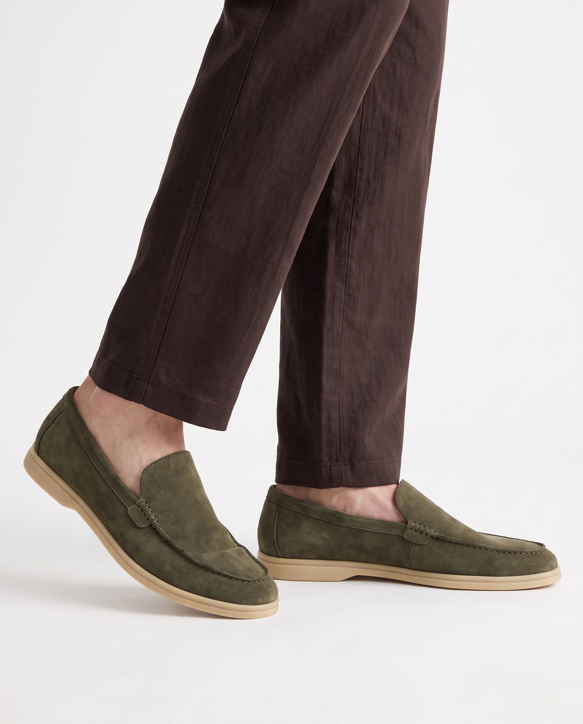 Terra Loafer — Olive Suede, Beige Sole — on foot, close-up, worn with Ribbed Knit Polo — Grey and Linen Trouser, Button Waist — Dark Brown