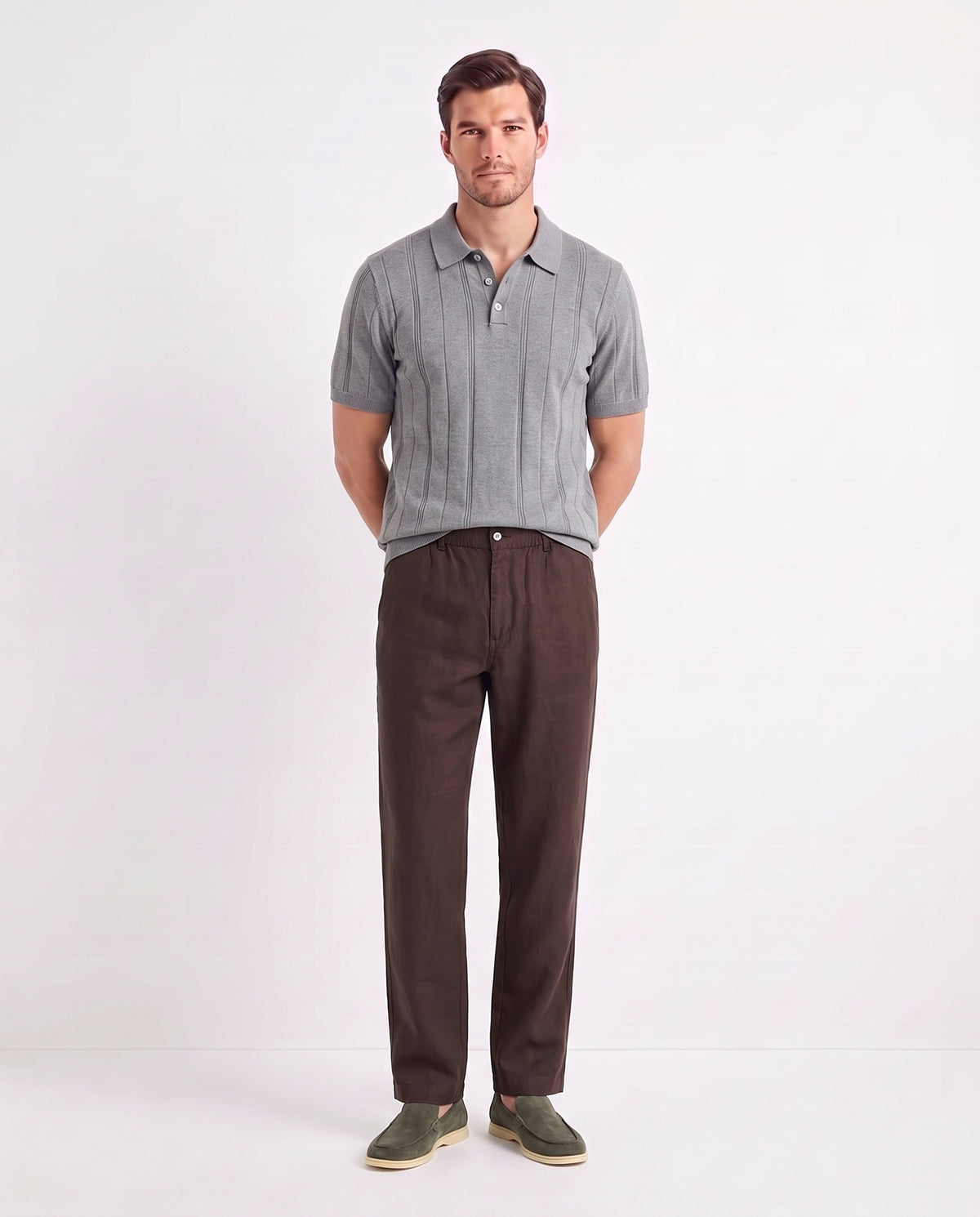 Terra Loafer — Olive Suede, Beige Sole — full look on the model, worn with Ribbed Knit Polo — Grey and Linen Trouser, Button Waist — Dark Brown