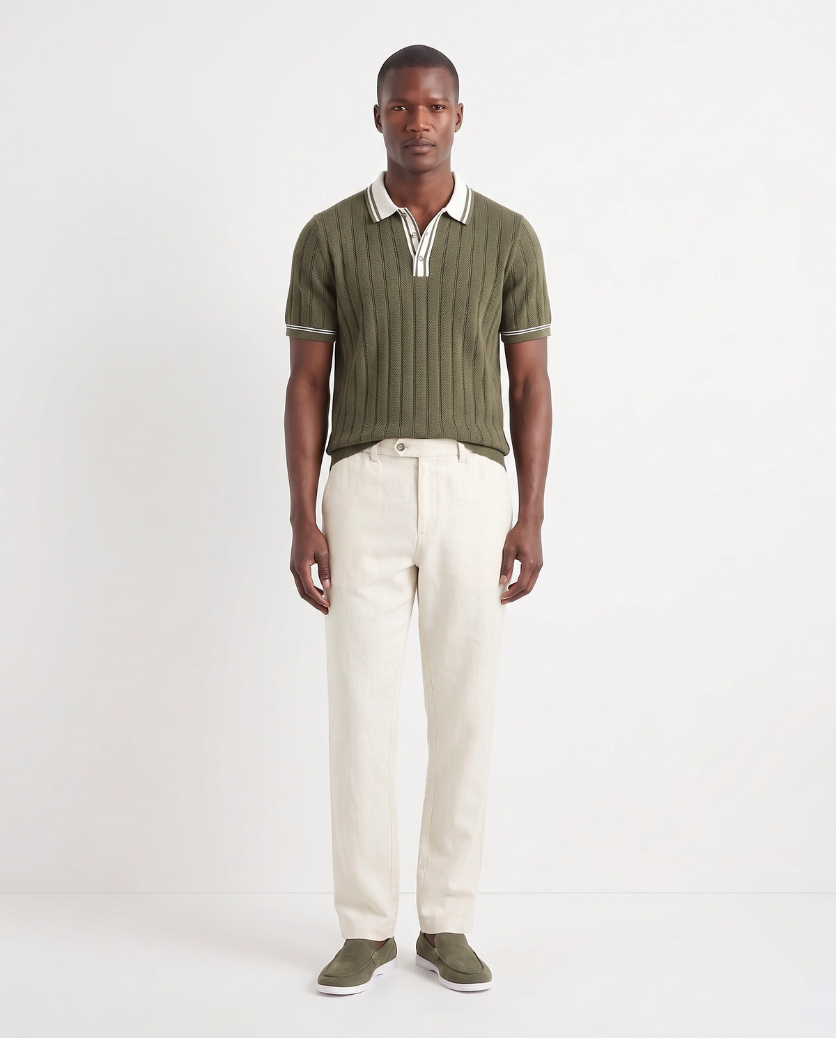 Terra Loafer — Olive Suede, White Sole — full look on the model, worn with Tipped Knit Polo — Olive and Linen Trouser, Button Waist — Cream