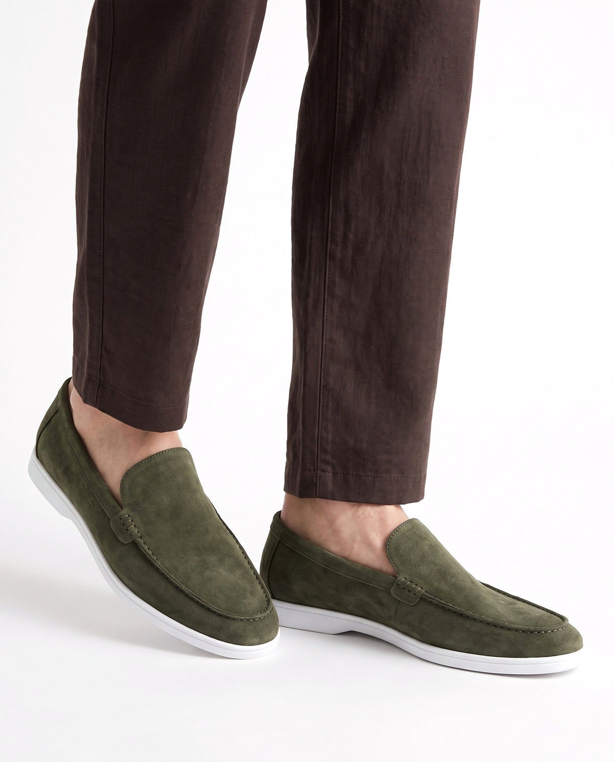 Terra Loafer — Olive Suede, White Sole — on foot, close-up, worn with Colour-Block Knit Polo — Brown / Cream and Linen Trouser, Button Waist — Dark Brown
