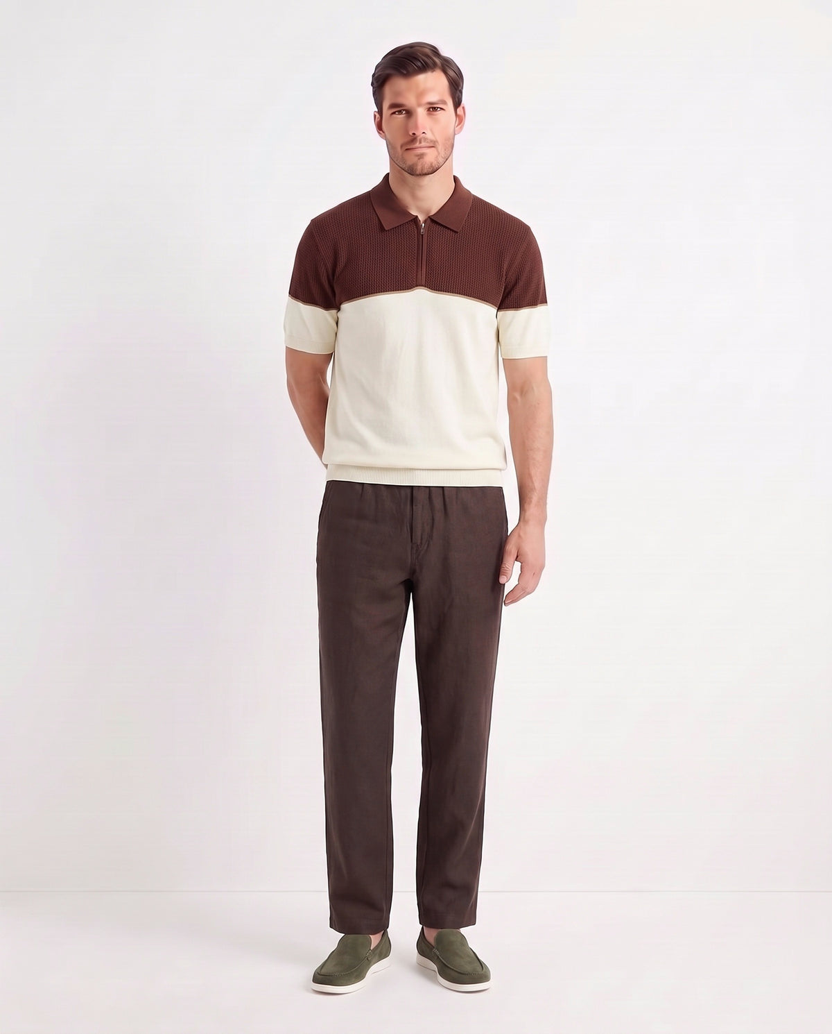 Terra Loafer — Olive Suede, White Sole — full look on the model, worn with Colour-Block Knit Polo — Brown / Cream and Linen Trouser, Button Waist — Dark Brown