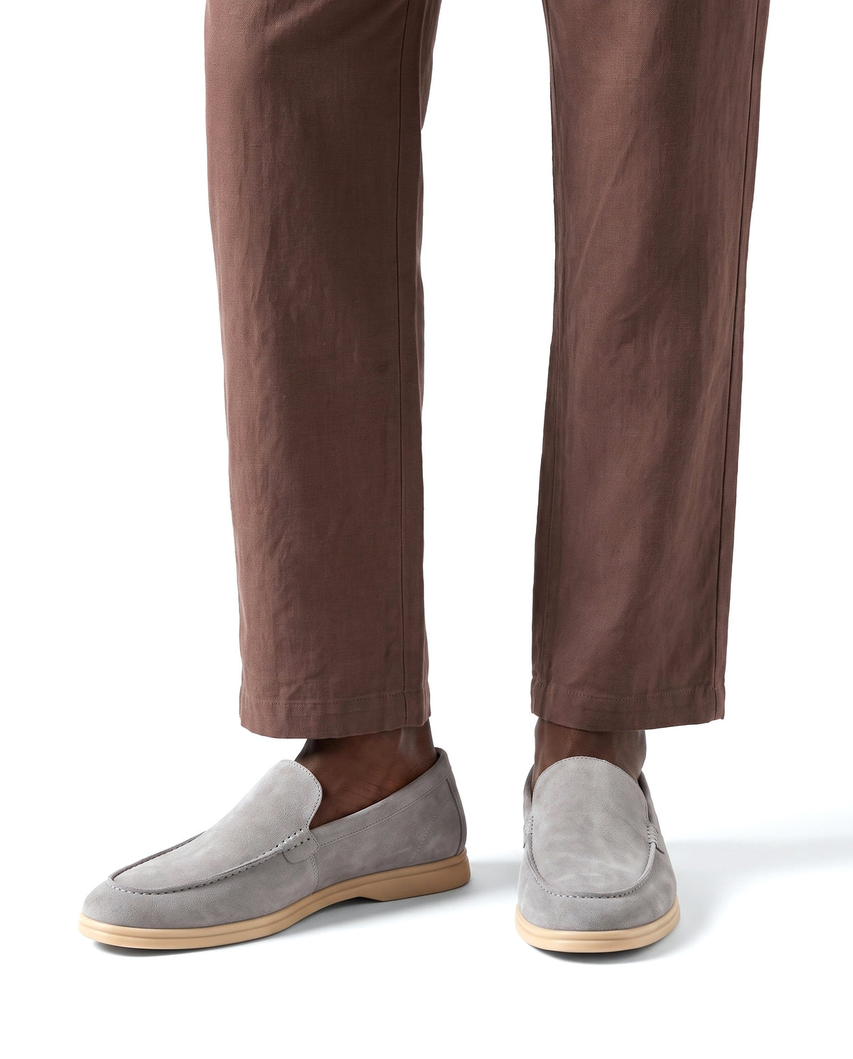 Terra Loafer — Stone Grey, Beige Sole — on foot, close-up, worn with Retro Stripe Knit Polo — Cream and Linen Trouser, Drawstring — Brown