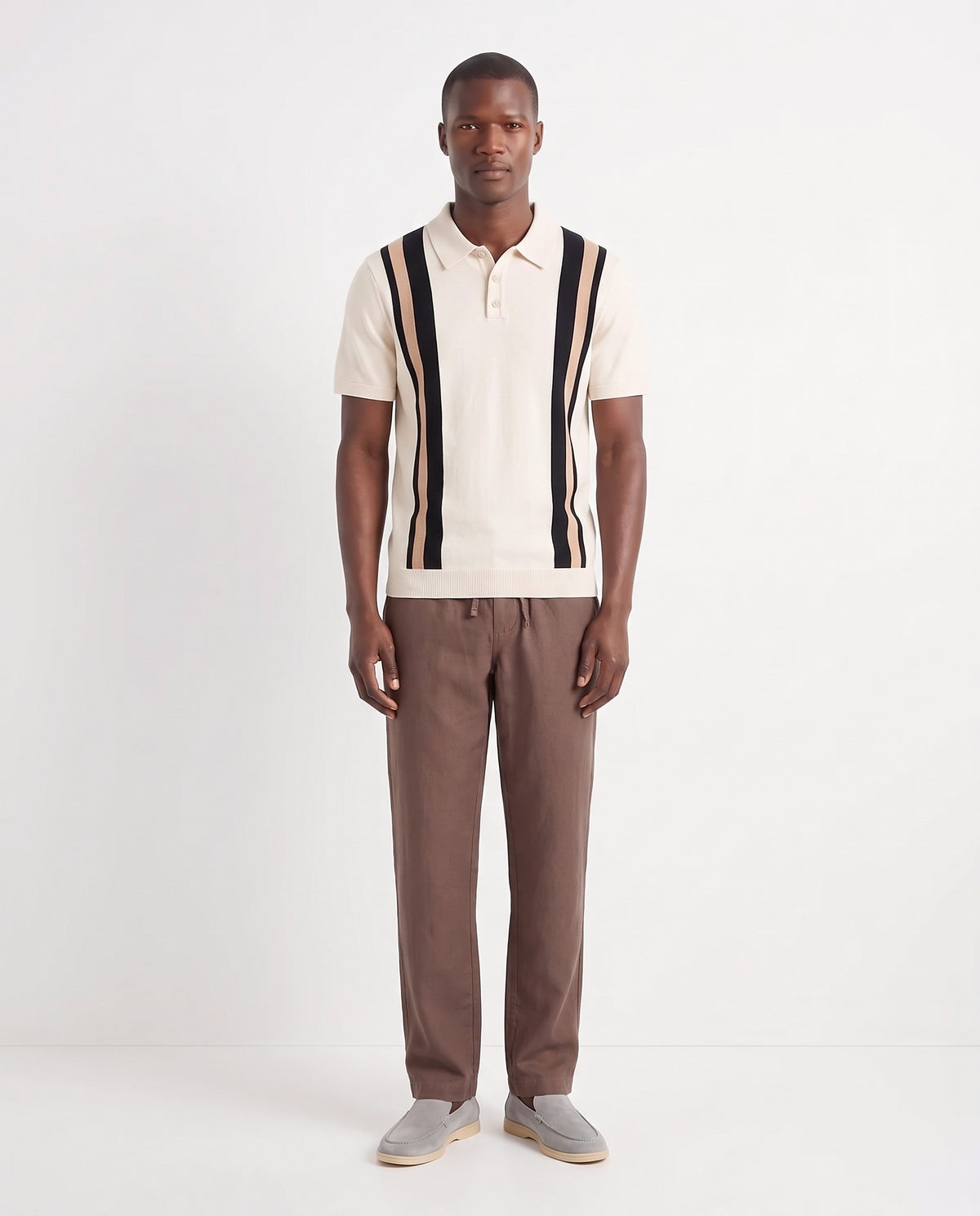 Terra Loafer — Stone Grey, Beige Sole — full look on the model, worn with Retro Stripe Knit Polo — Cream and Linen Trouser, Drawstring — Brown
