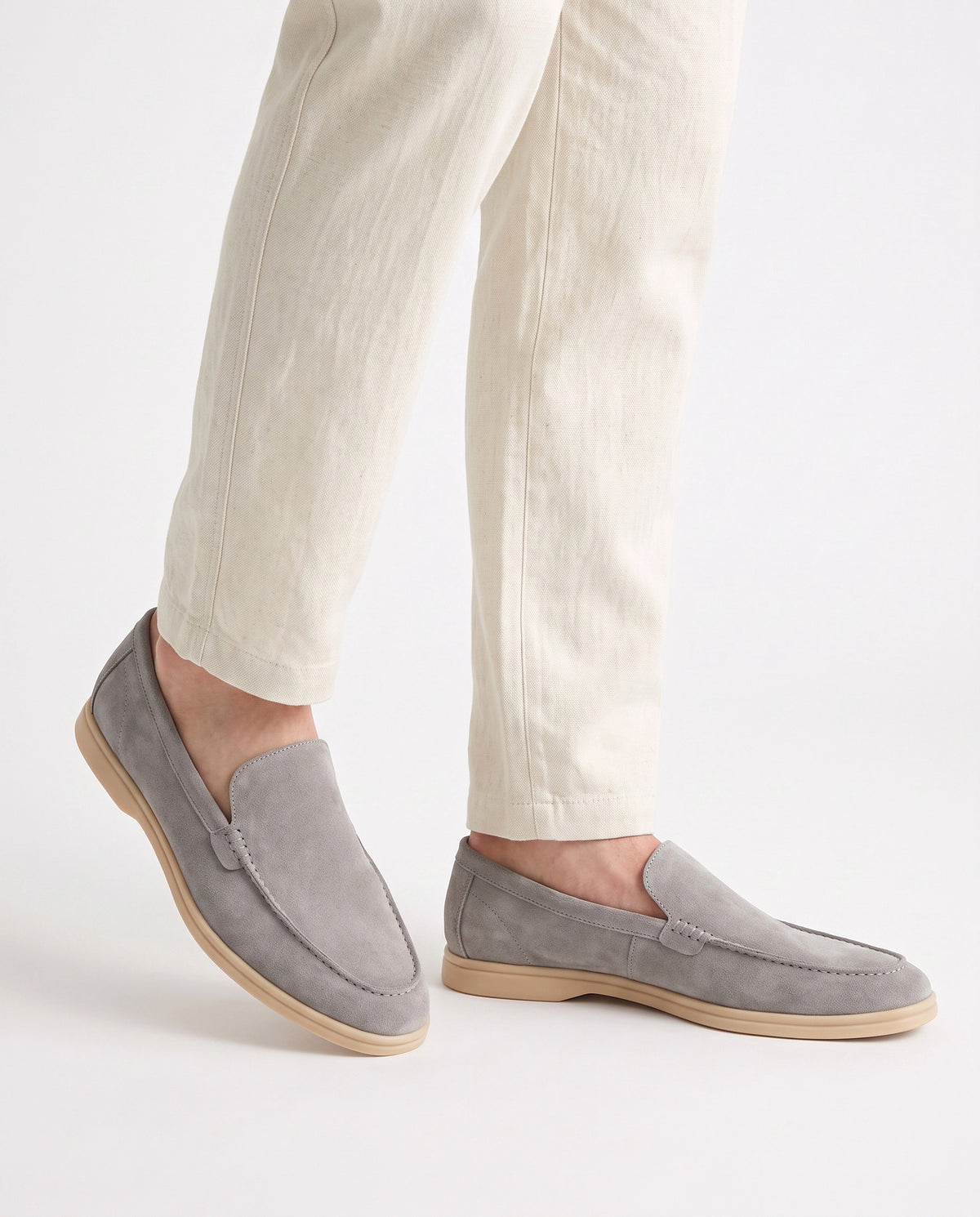 Terra Loafer — Stone Grey, Beige Sole — on foot, close-up, worn with Textured Knit Polo — Black and Linen Trouser, Button Waist — Cream