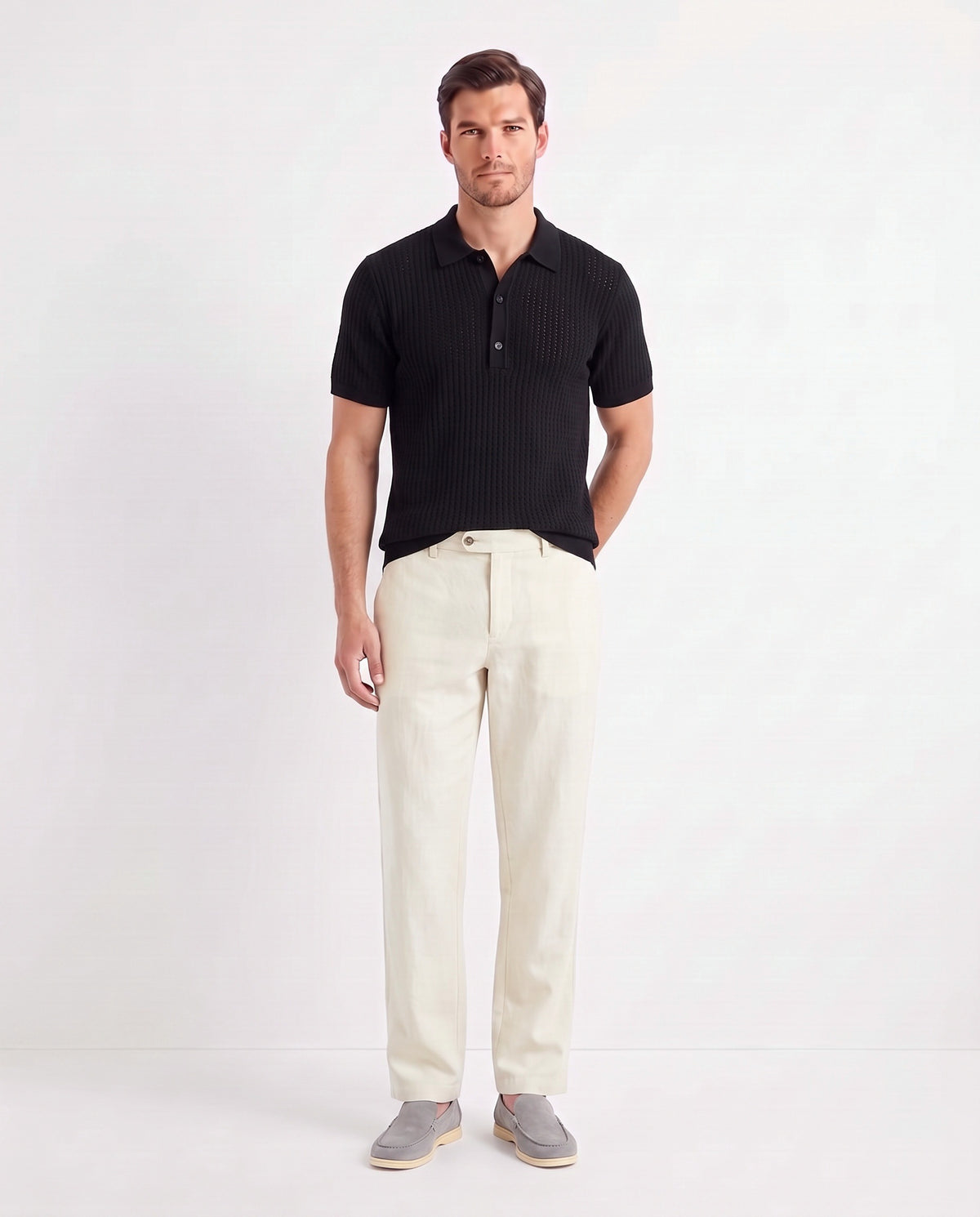 Terra Loafer — Stone Grey, Beige Sole — full look on the model, worn with Textured Knit Polo — Black and Linen Trouser, Button Waist — Cream