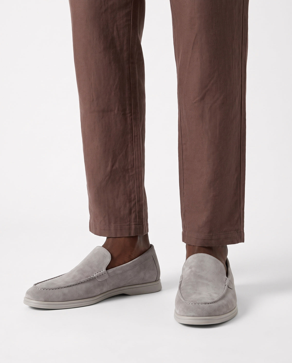 Terra Loafer — Stone Grey, Light Grey Sole — on foot, close-up, worn with Textured Knit Polo — Cream and Linen Trouser, Drawstring — Brown