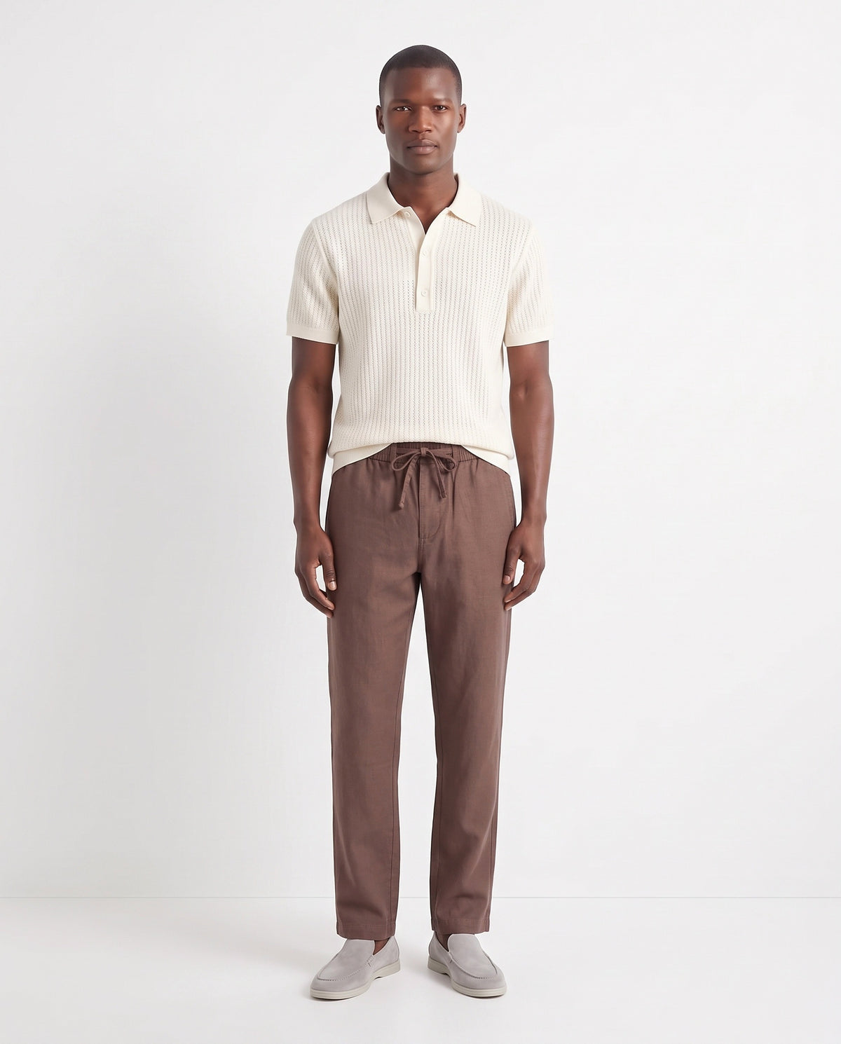 Terra Loafer — Stone Grey, Light Grey Sole — full look on the model, worn with Textured Knit Polo — Cream and Linen Trouser, Drawstring — Brown