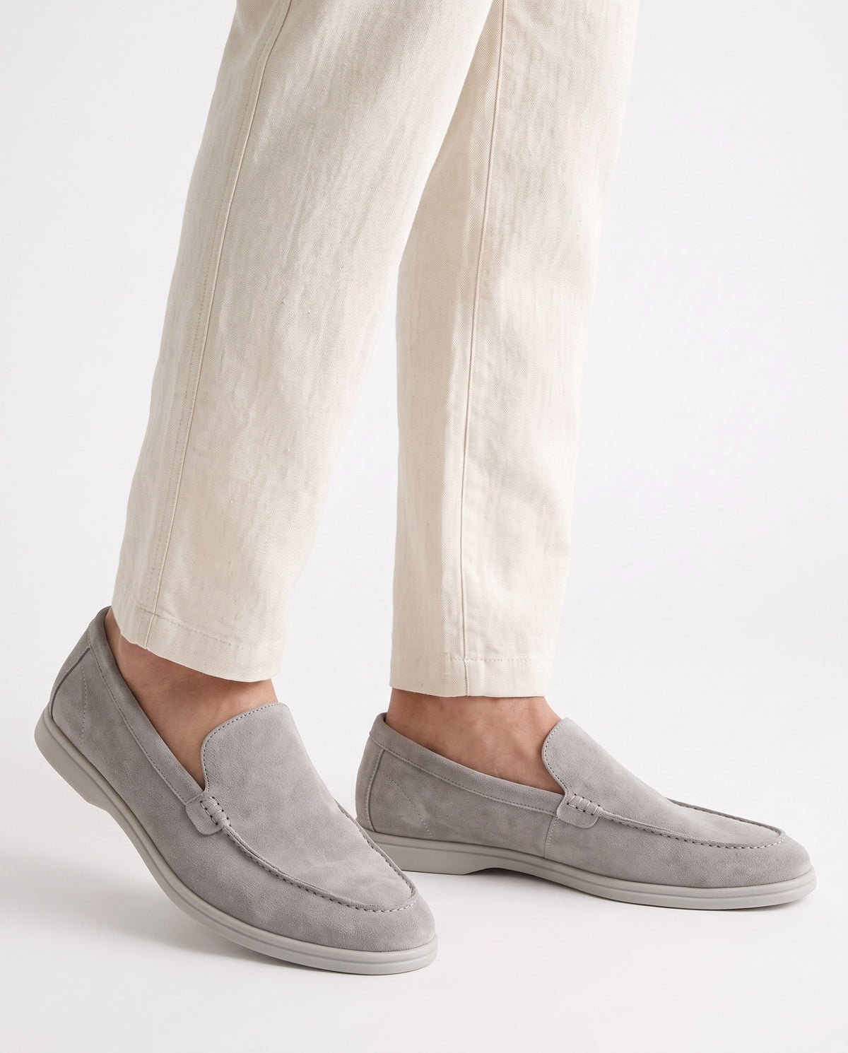 Terra Loafer — Stone Grey, Light Grey Sole — on foot, close-up, worn with Retro Stripe Knit Polo — Black and Linen Trouser, Button Waist — Cream