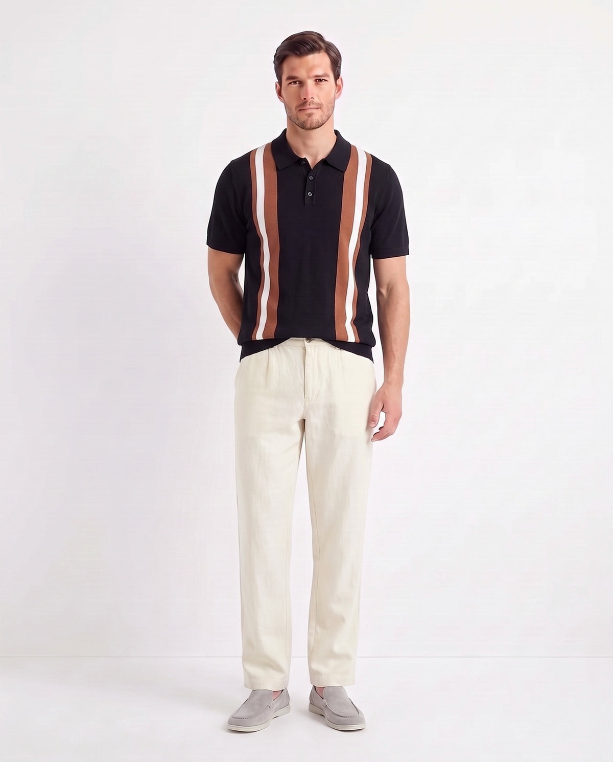 Terra Loafer — Stone Grey, Light Grey Sole — full look on the model, worn with Retro Stripe Knit Polo — Black and Linen Trouser, Button Waist — Cream