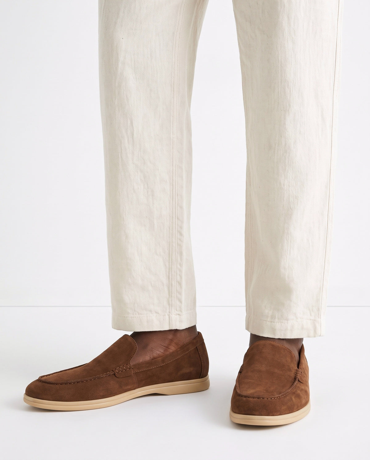 Terra Loafer — Tobacco, Beige Sole — on foot, close-up, worn with Tipped Knit Polo — Burgundy and Linen Trouser, Button Waist — Cream