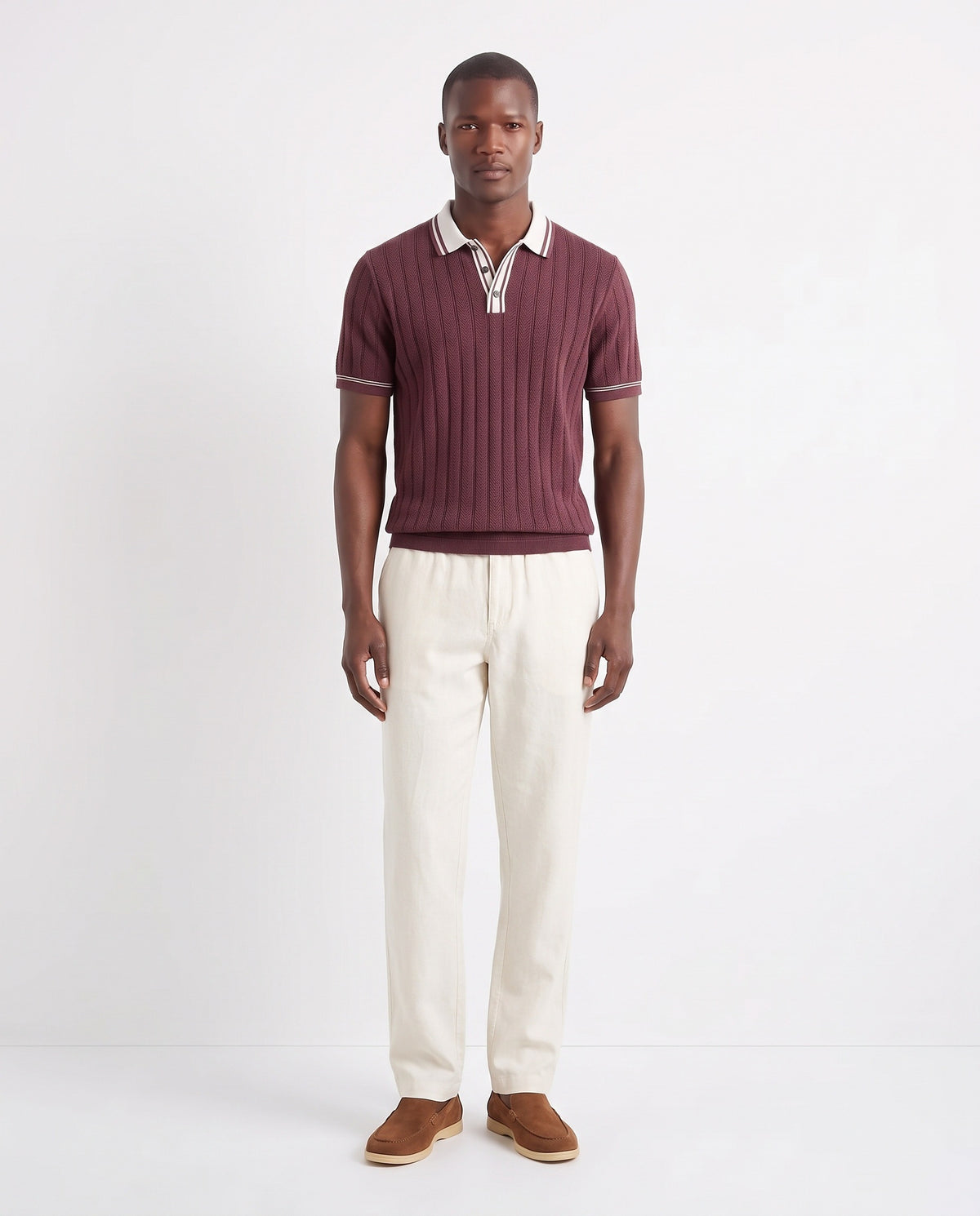 Terra Loafer — Tobacco, Beige Sole — full look on the model, worn with Tipped Knit Polo — Burgundy and Linen Trouser, Button Waist — Cream