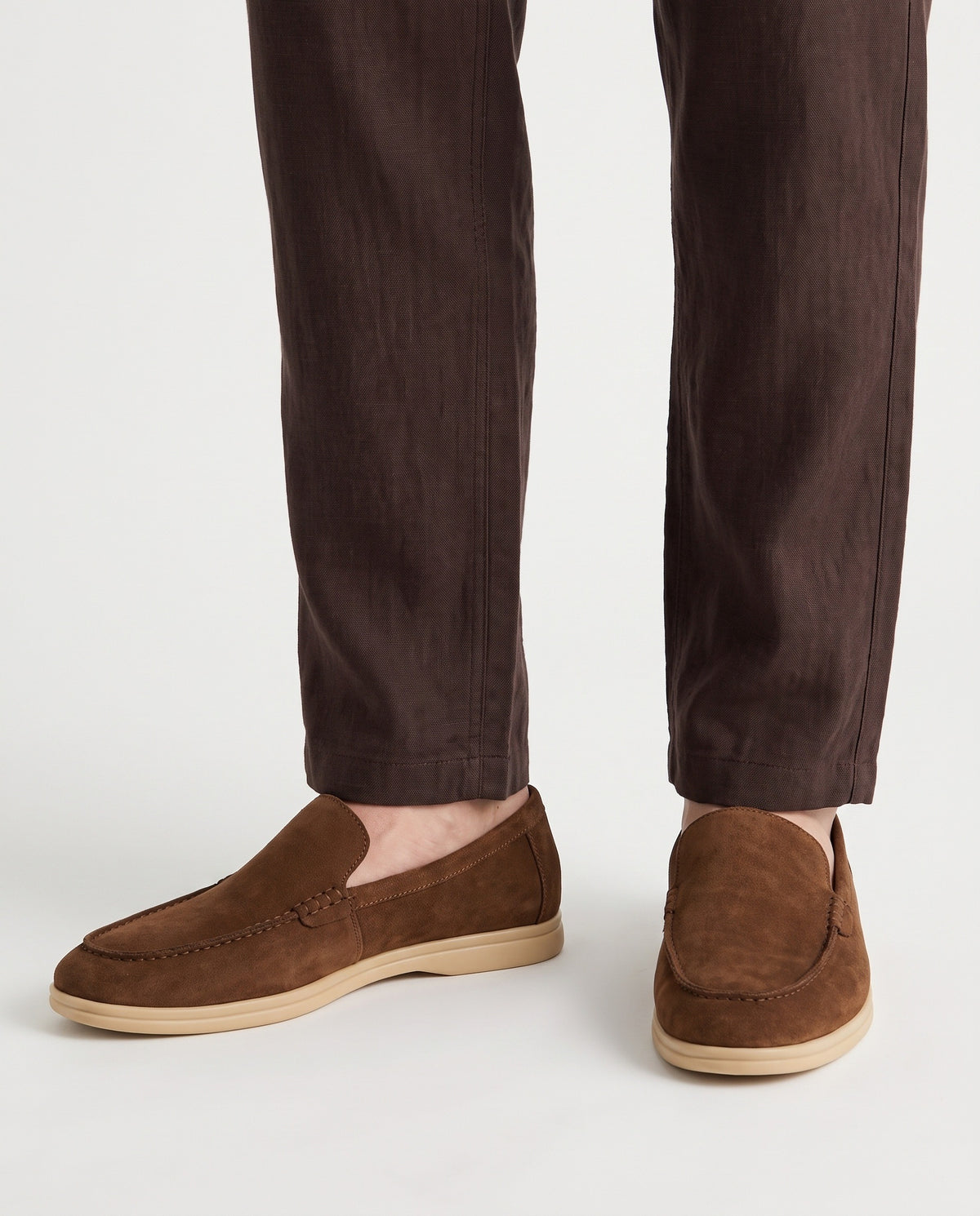 Terra Loafer — Tobacco, Beige Sole — on foot, close-up, worn with Ribbed Knit Polo — Grey and Linen Trouser, Button Waist — Dark Brown