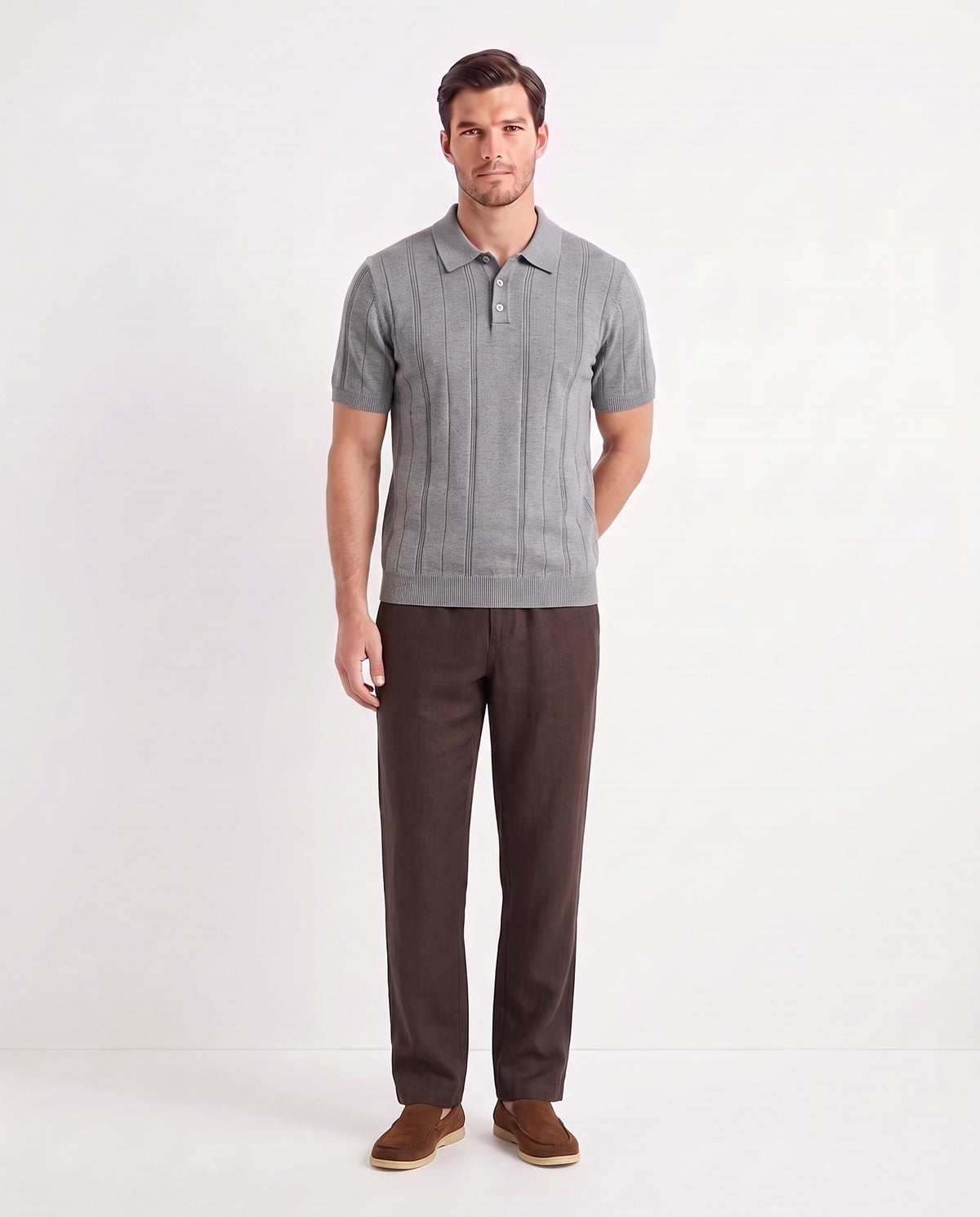 Terra Loafer — Tobacco, Beige Sole — full look on the model, worn with Ribbed Knit Polo — Grey and Linen Trouser, Button Waist — Dark Brown