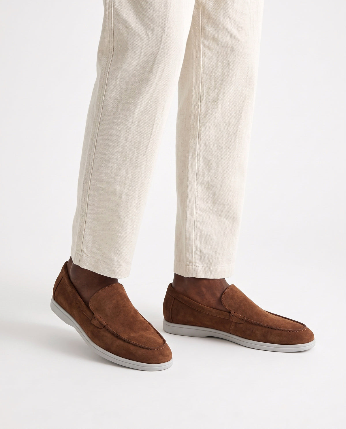 Terra Loafer — Tobacco, Light Grey Sole — on foot, close-up, worn with Tipped Knit Polo — Charcoal and Linen Trouser, Button Waist — Cream